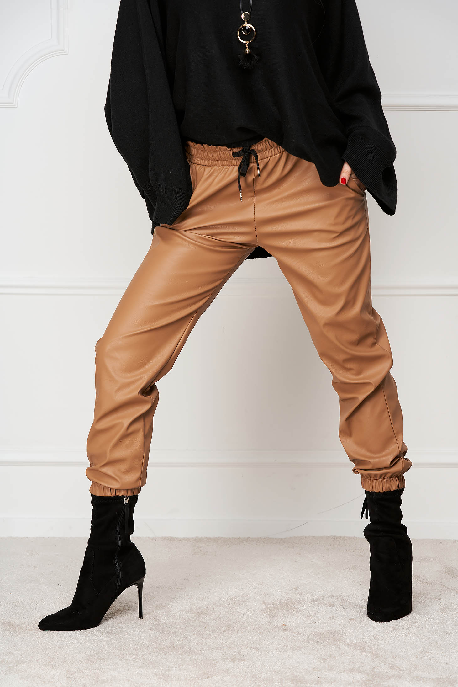 Beige Faux Leather Tapered Pants with Elastic Waistband - SunShine 4 - StarShinerS.com