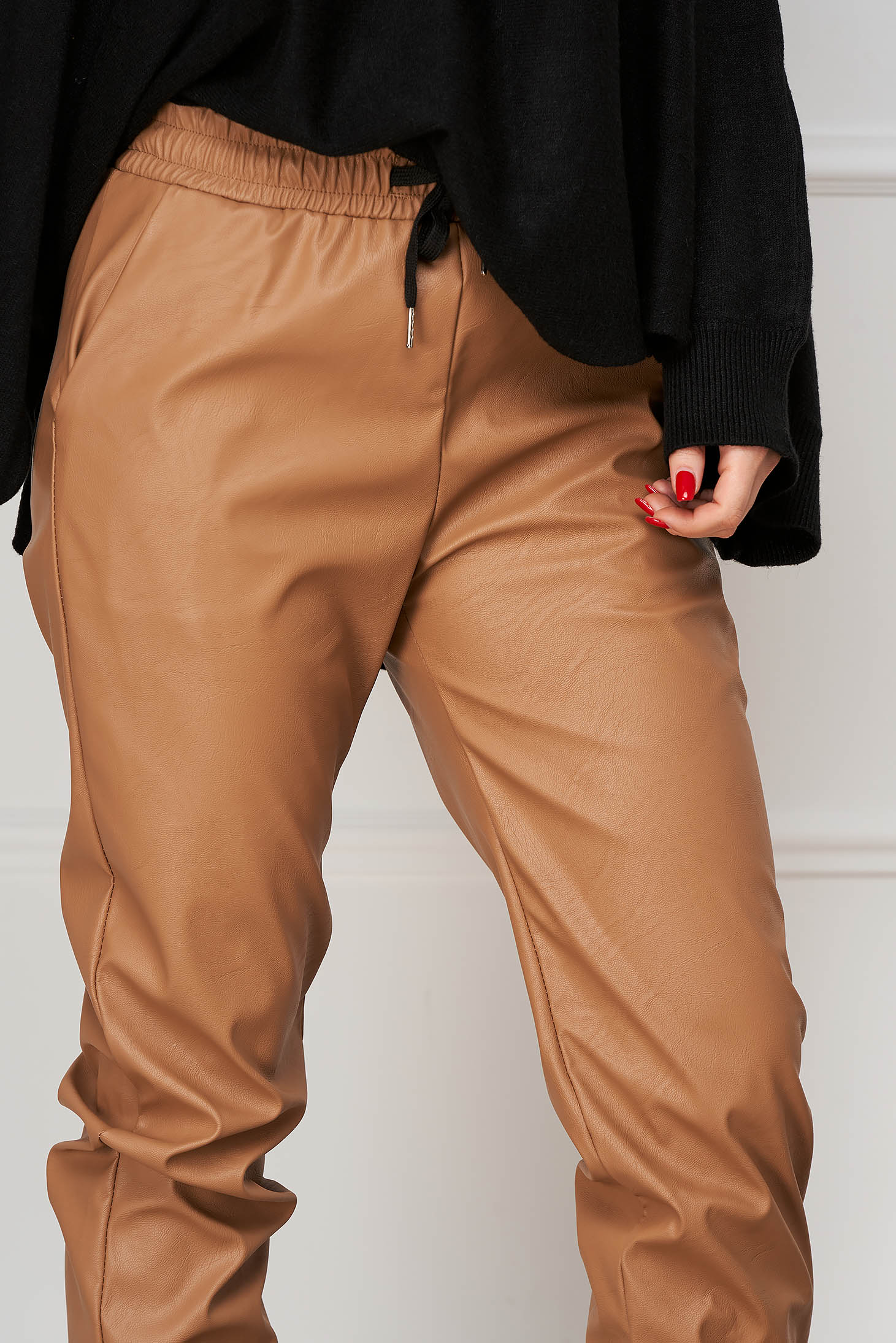Beige Faux Leather Tapered Pants with Elastic Waistband - SunShine 2 - StarShinerS.com