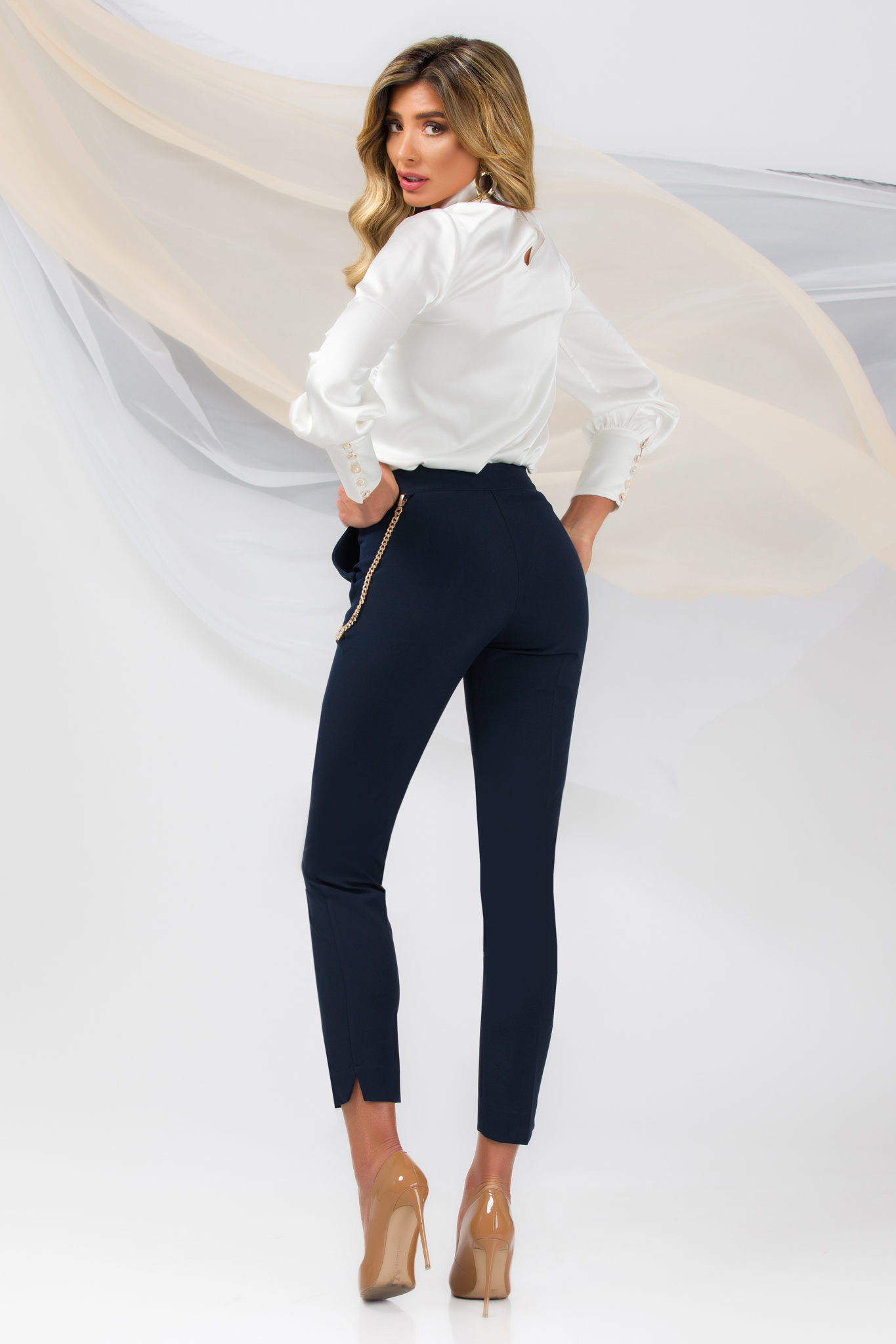 Pantaloni din stofa usor elastica bleumarin conici cu talie inalta - PrettyGirl 6 - StarShinerS.ro