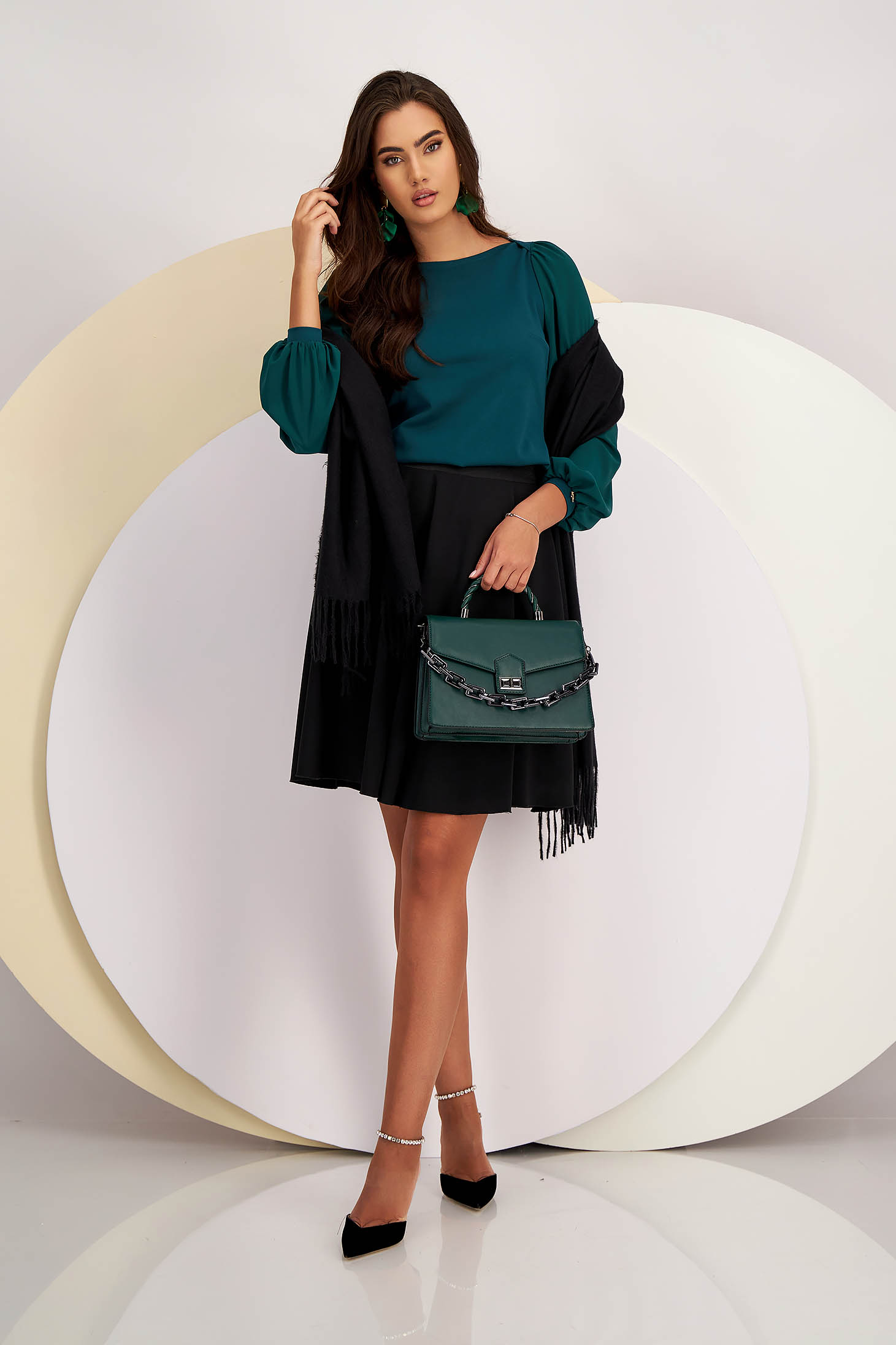 Black crepe skirt with elastic waist in flared style - StarShinerS 5 - StarShinerS.com