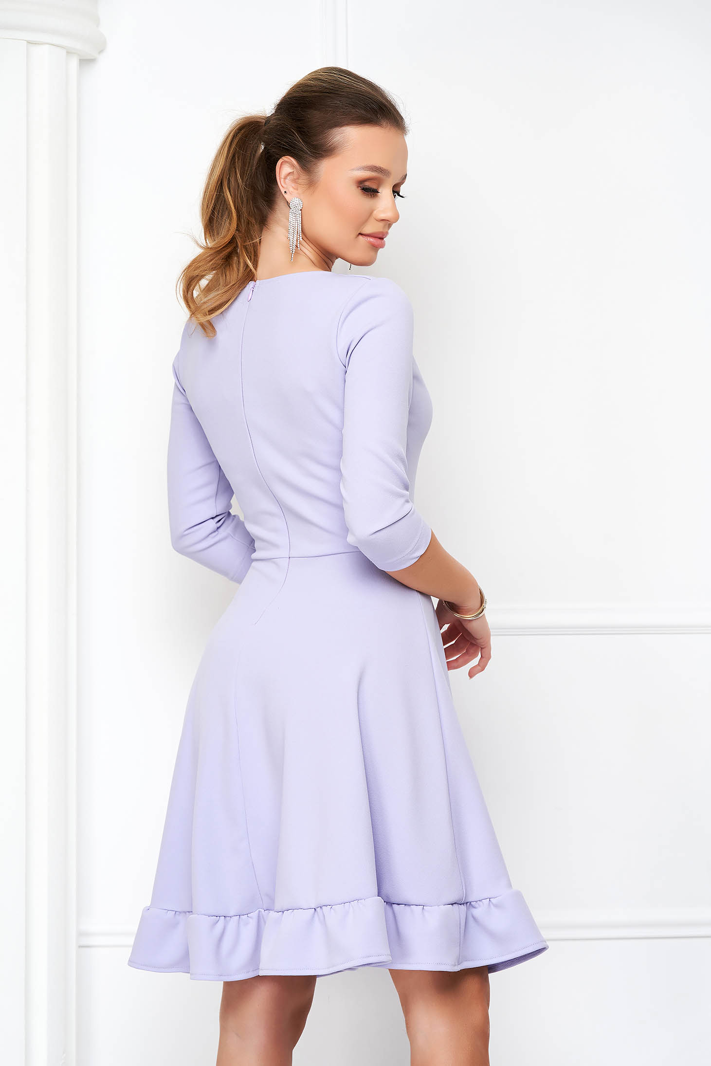 Lilac crepe dress in A-line with dropped neckline and ruffles at the base of the dress - StarShinerS 2 - StarShinerS.com