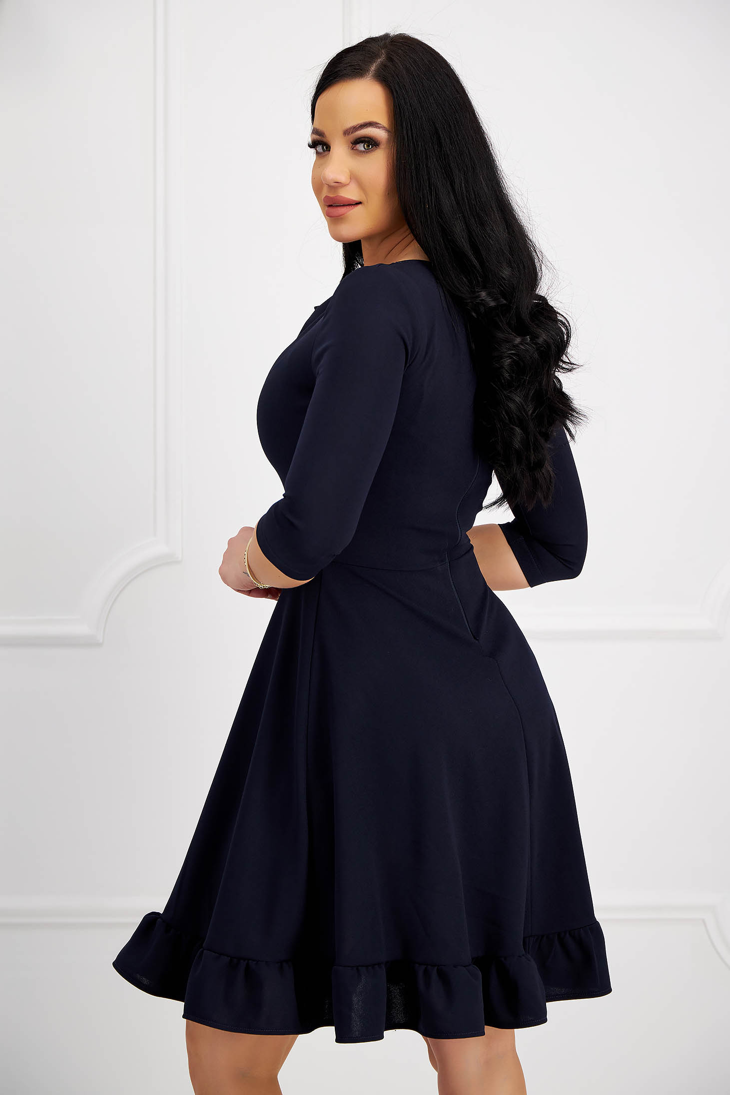 Navy blue crepe dress with a dropped neckline and ruffles at the base of the dress - StarShinerS 4 - StarShinerS.com