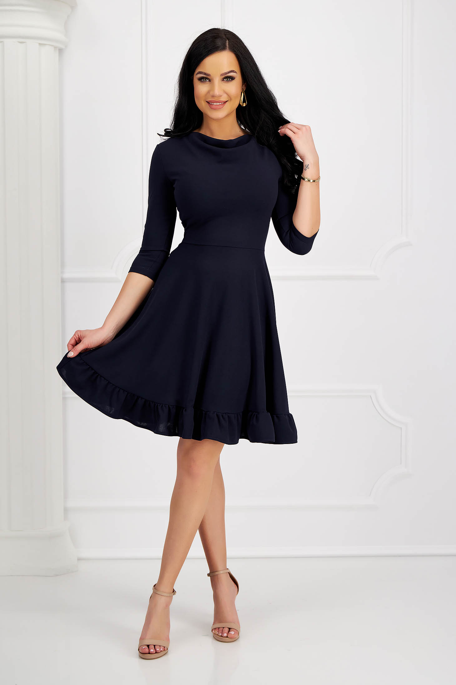 Navy blue crepe dress with a dropped neckline and ruffles at the base of the dress - StarShinerS 5 - StarShinerS.com