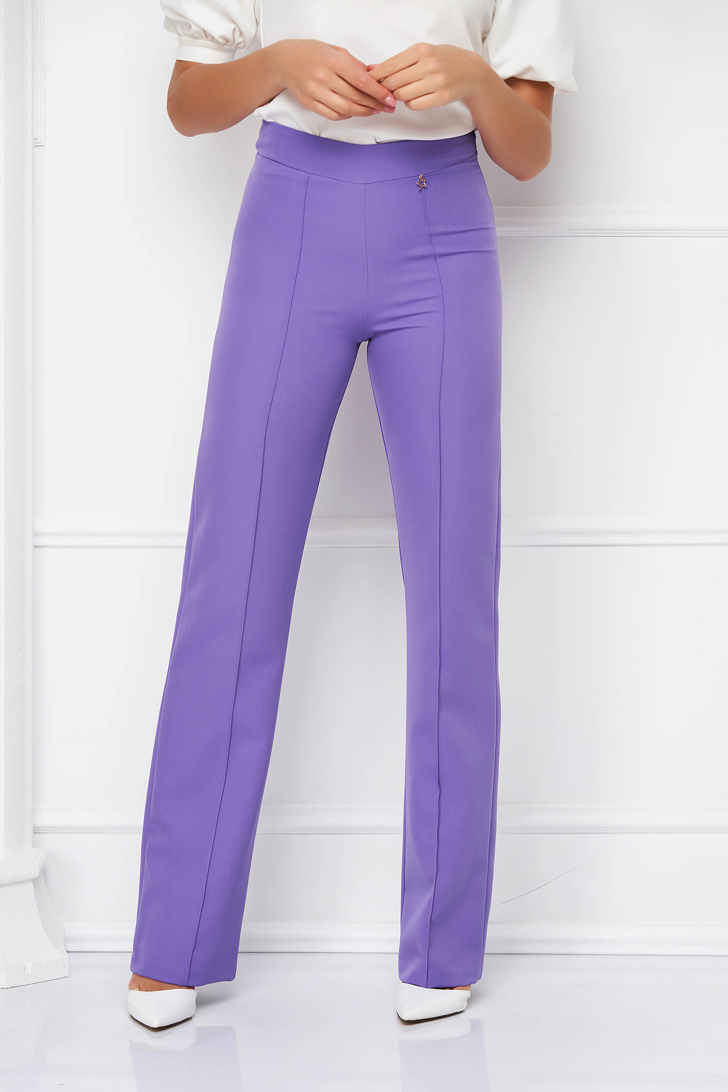 High Waist Flared Long Purple Stretch Fabric Pants - StarShinerS 2 - StarShinerS.com