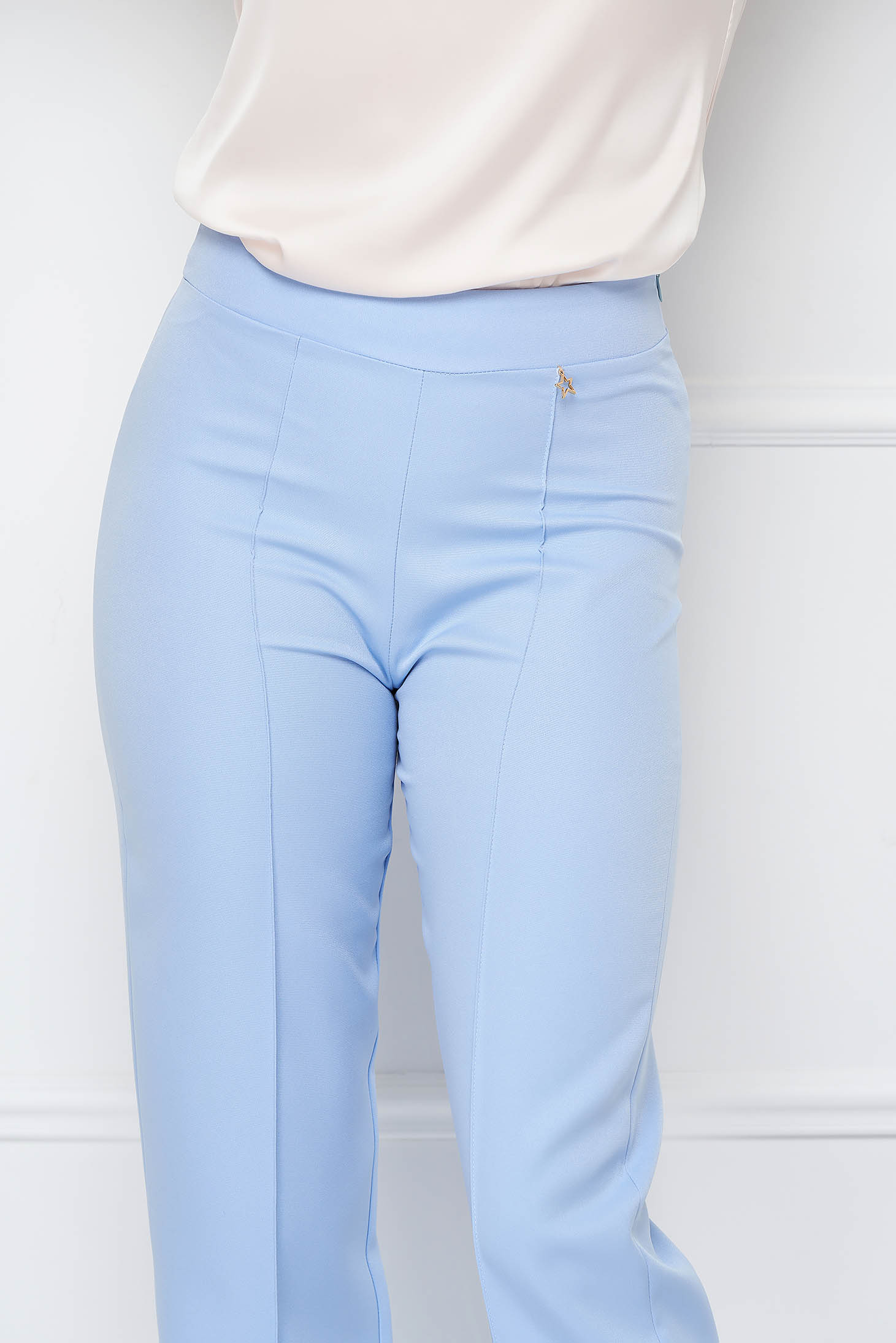 Pantaloni din stofa usor elastica albastru-deschis lungi evazati cu talie inalta - StarShinerS 4 - StarShinerS.ro