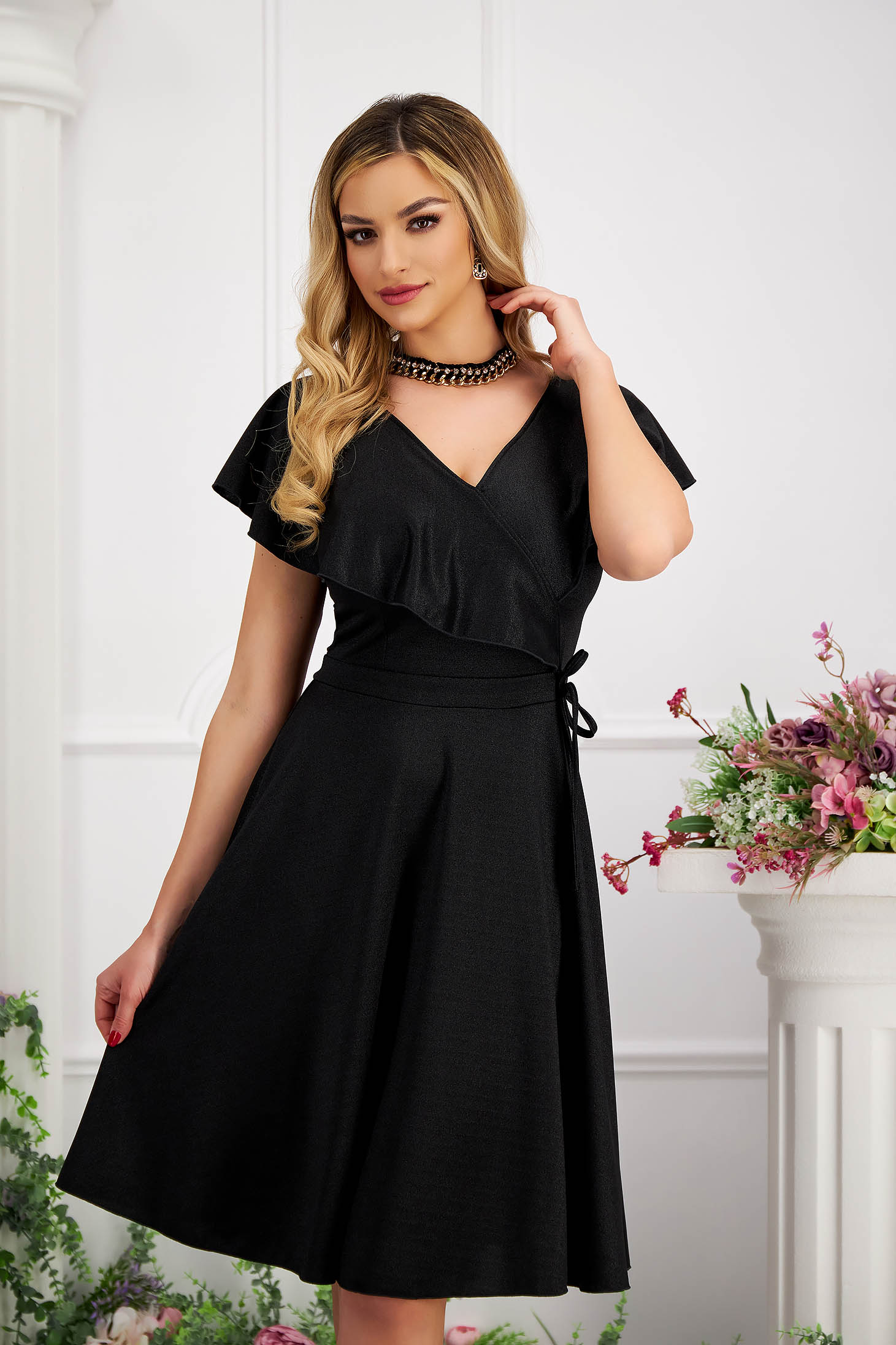 Black crepe knee-length dress in a-line with glitter appliques - StarShinerS