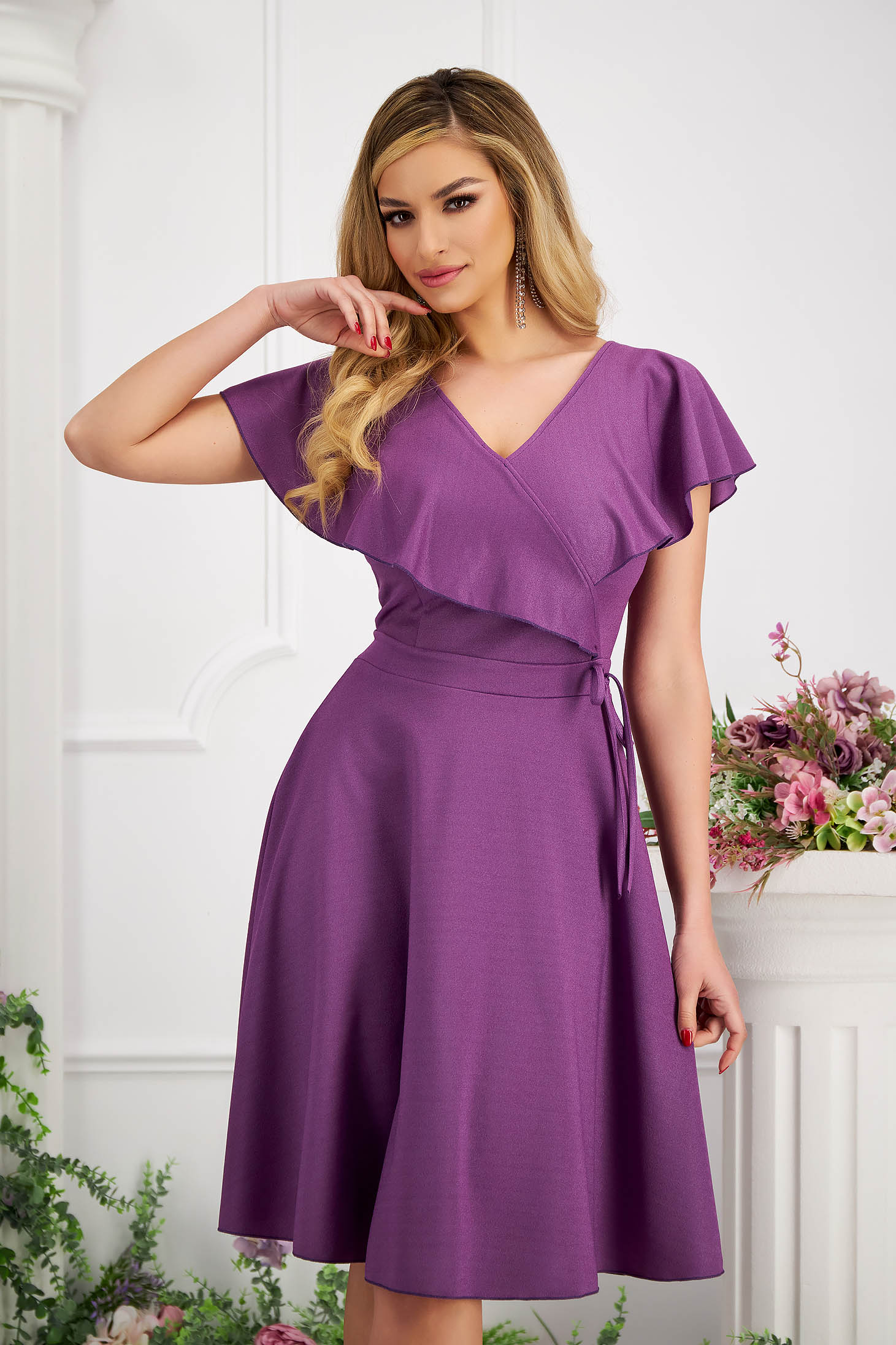Purple Crepe Knee-Length A-Line Dress with Glitter Applications - StarShinerS