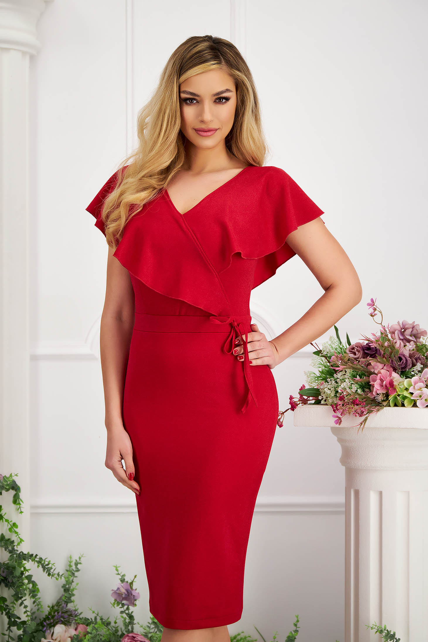 Red crepe knee-length pencil dress with glitter applications - StarShinerS