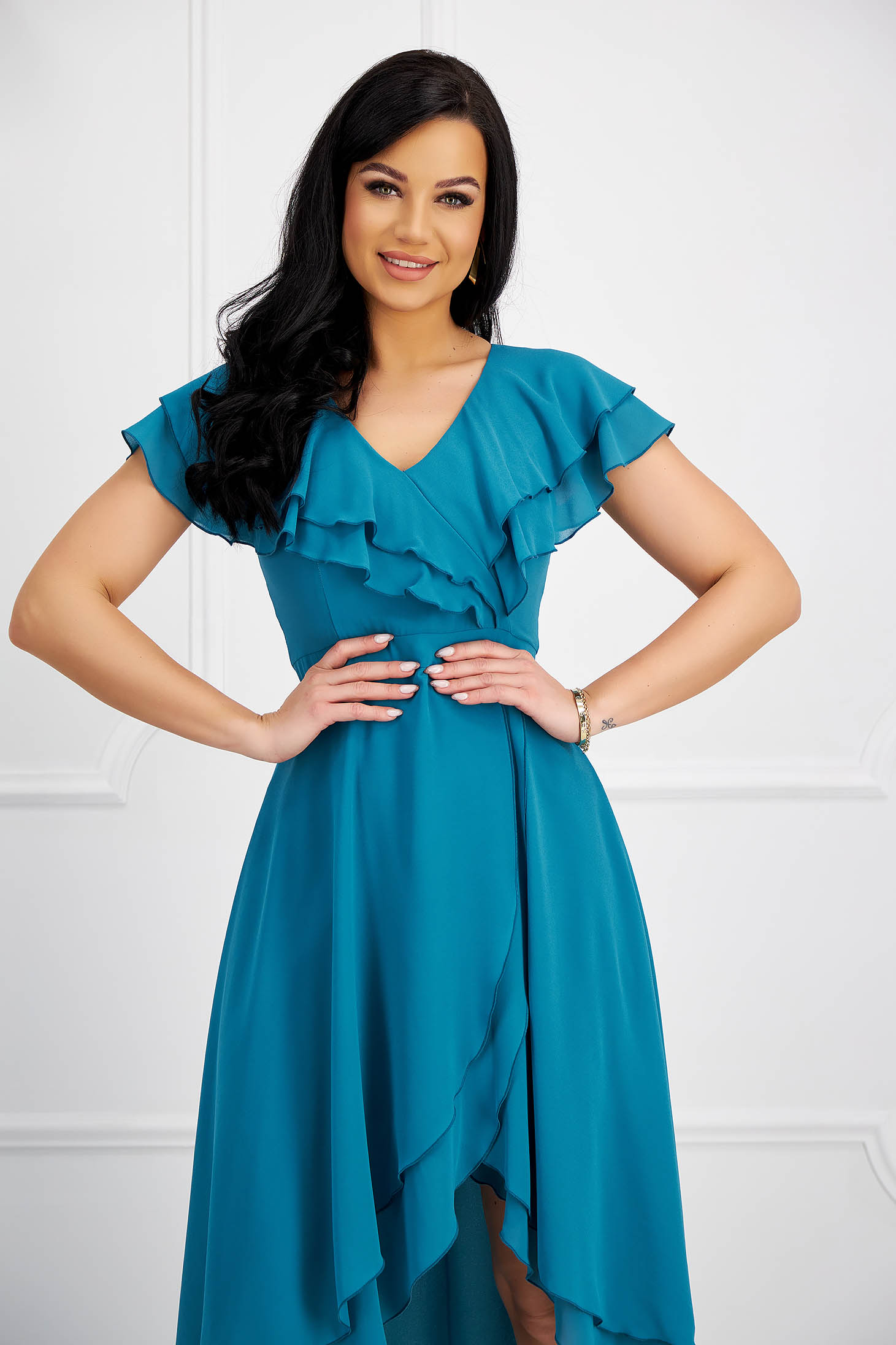 - StarShinerS petrol blue dress cloche asymmetrical from veil fabric midi with ruffled sleeves 6 - StarShinerS.com