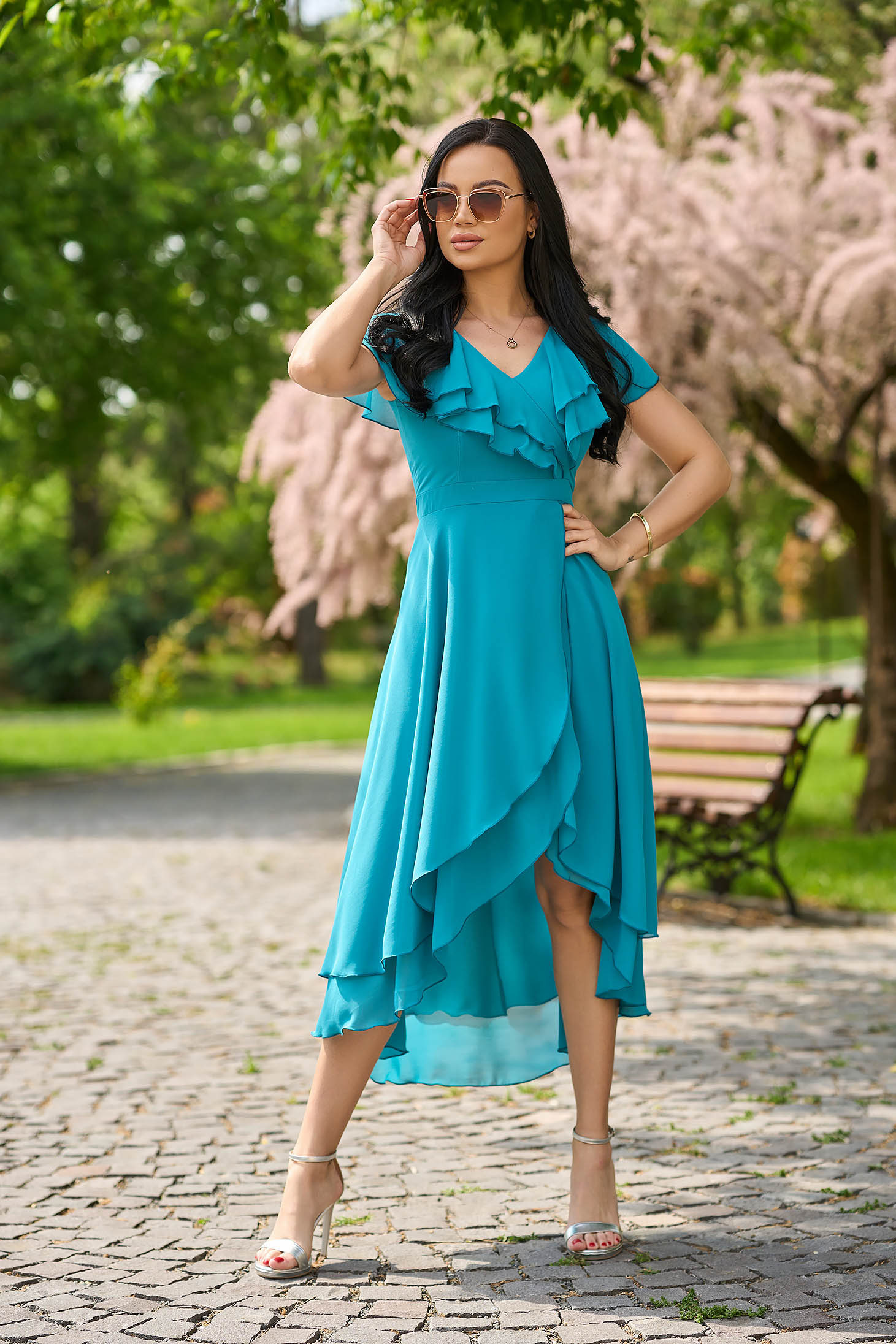 - StarShinerS petrol blue dress cloche asymmetrical from veil fabric midi with ruffled sleeves 3 - StarShinerS.com