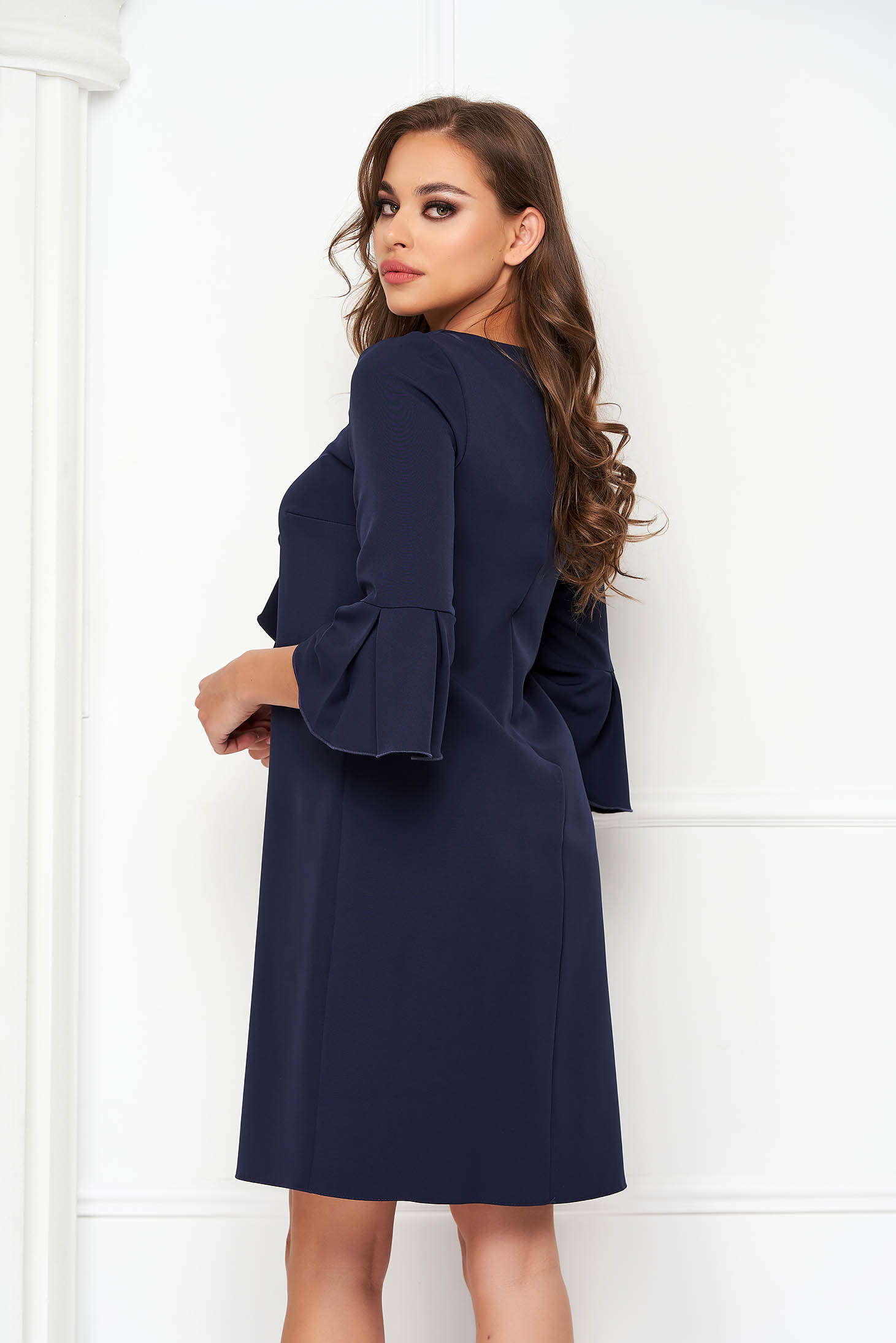 Dark blue dress slightly elastic fabric short cut loose fit with ruffle details - StarShinerS 2 - StarShinerS.com