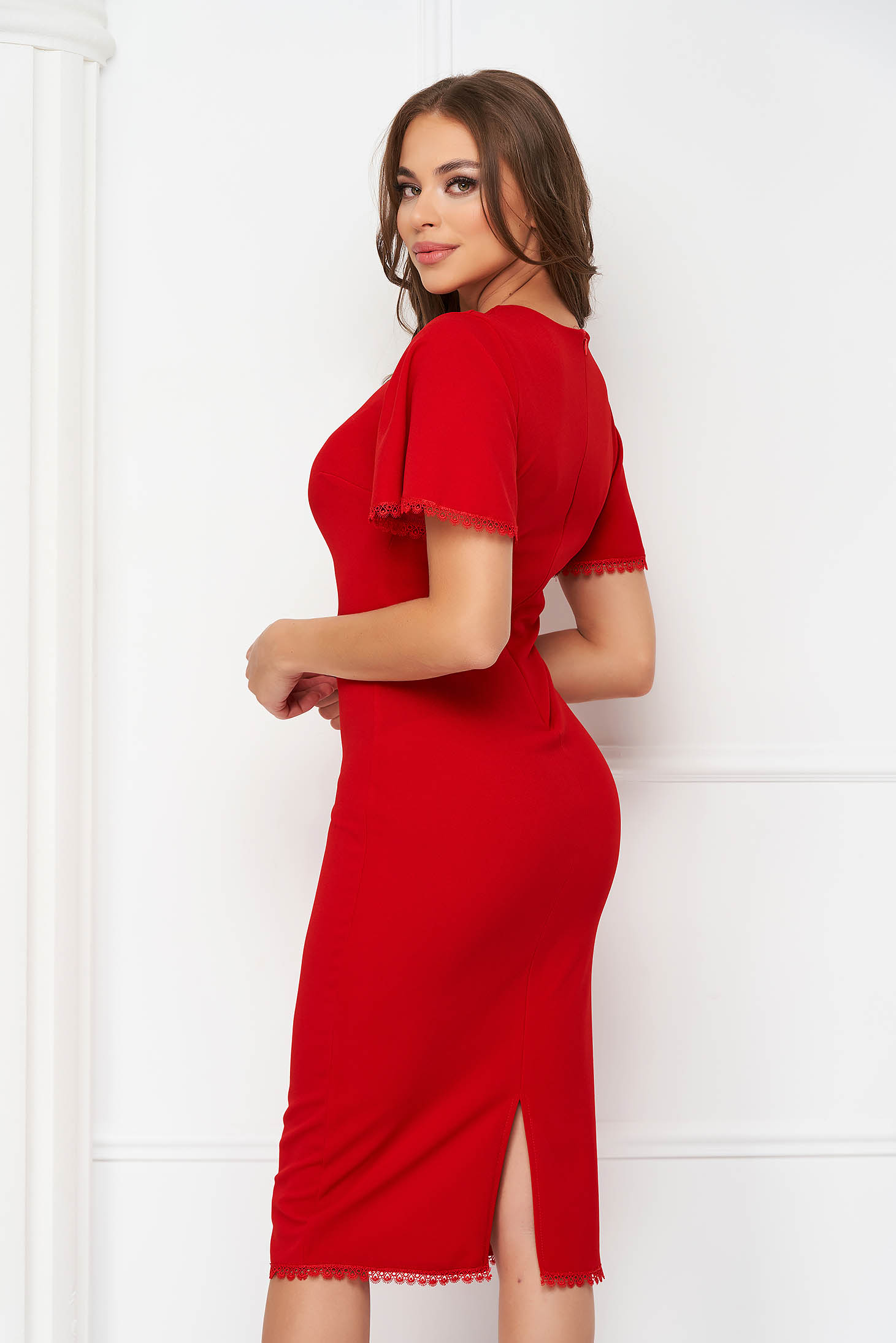 Red crepe pencil dress with lace applications - StarShinerS 2 - StarShinerS.com