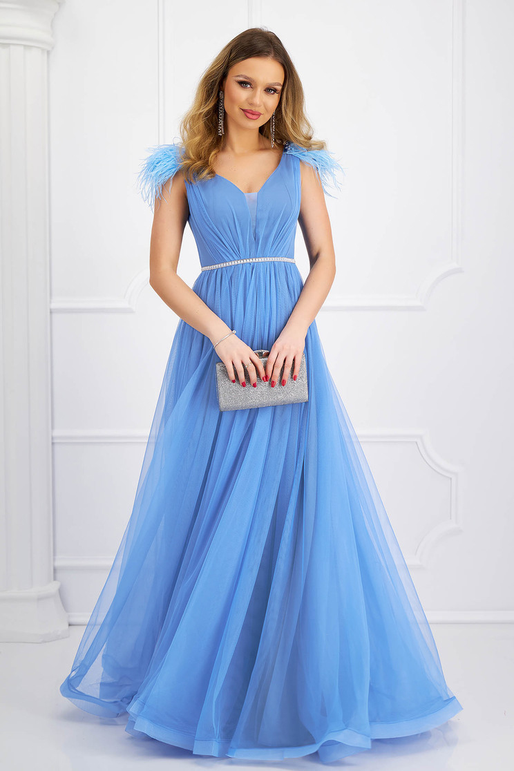 Light blue tulle long flared dress accessorized with rhinestones and feathers 3 - StarShinerS.com