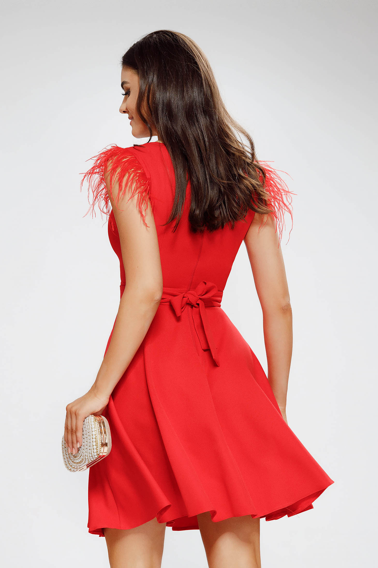 Red slightly elastic fabric dress in flared style with feathers - Fofy 2 - StarShinerS.com