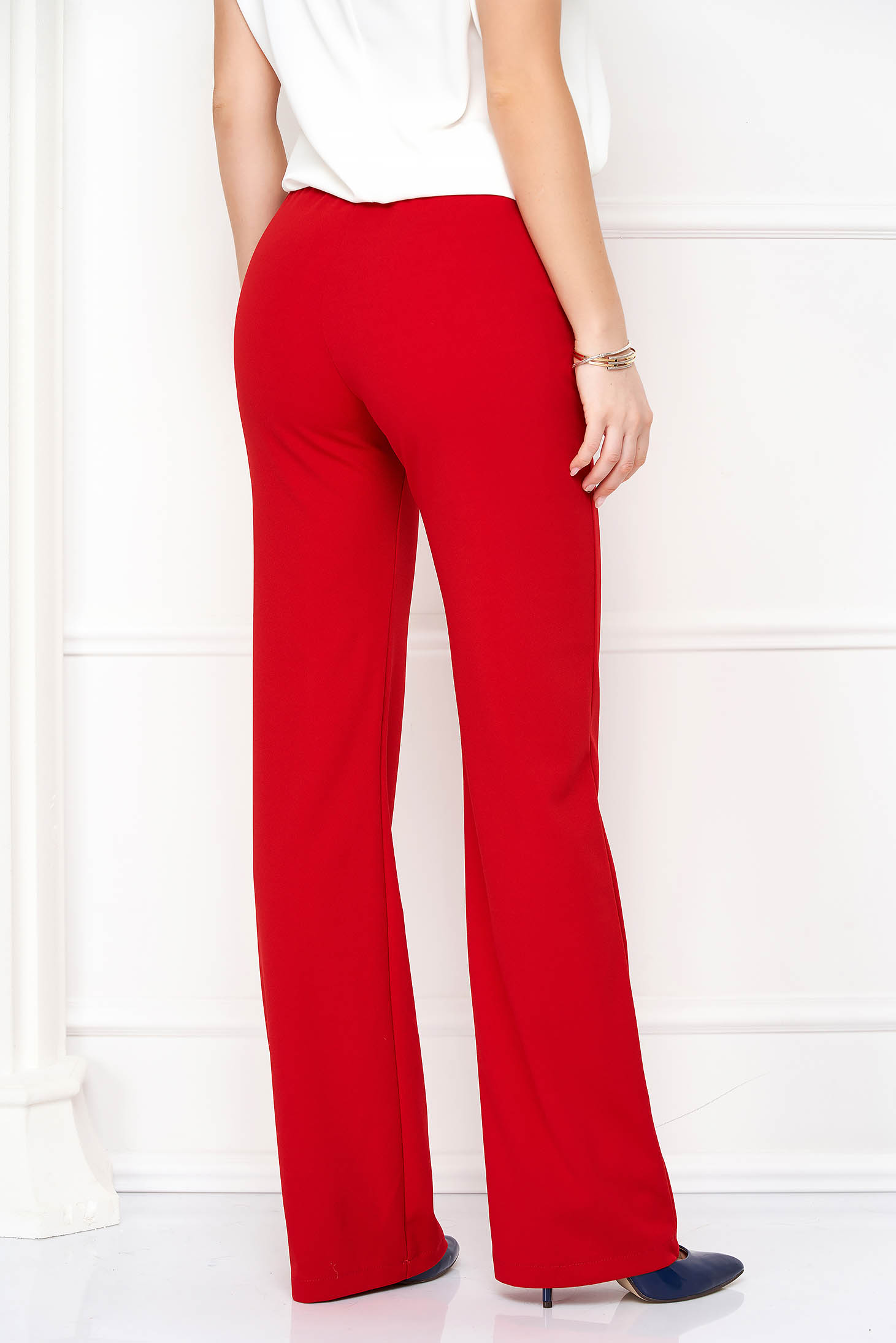 Red Flared Long Crepe Pants with Pockets - StarShinerS 4 - StarShinerS.com