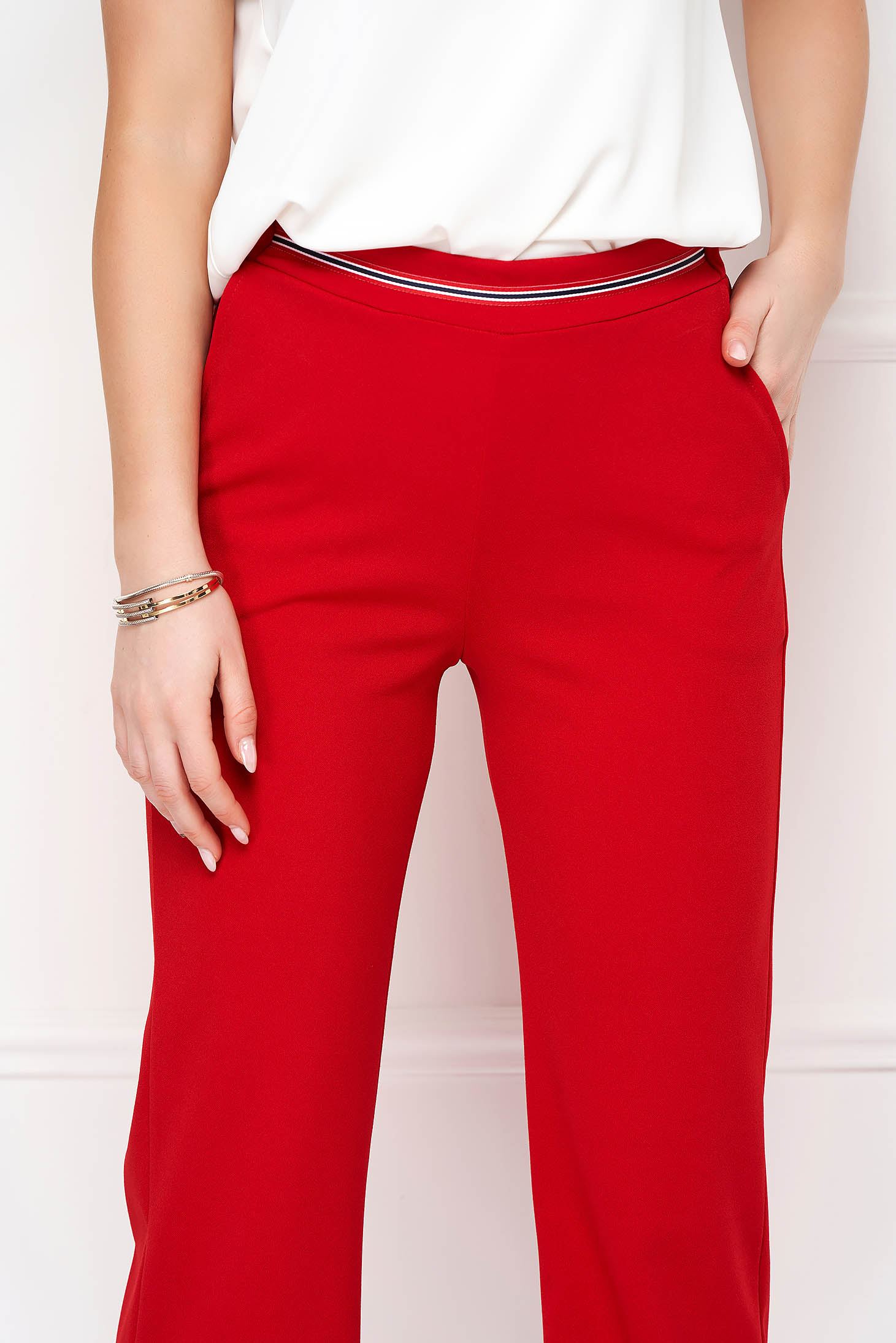 Red Flared Long Crepe Pants with Pockets - StarShinerS 5 - StarShinerS.com