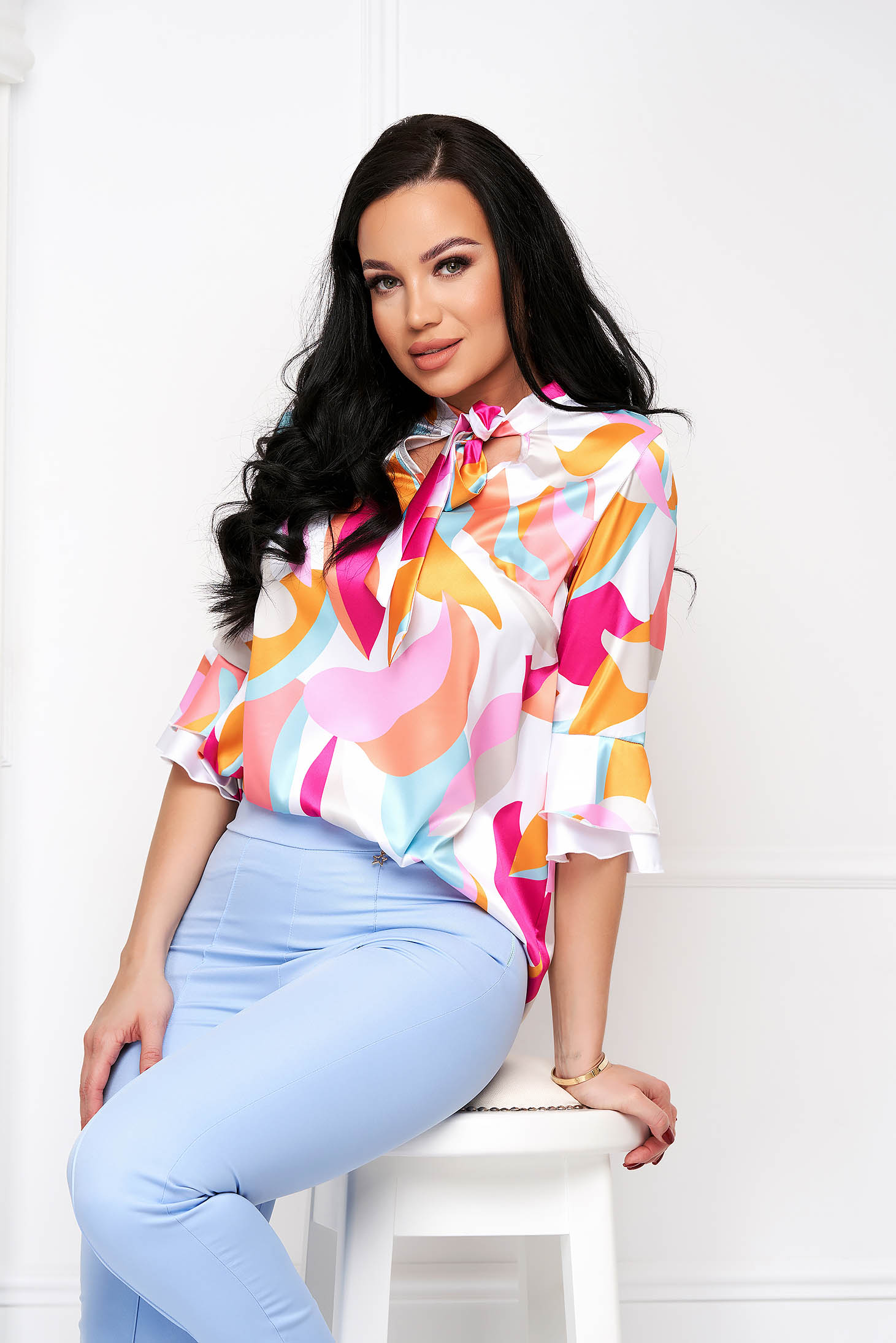 Asymmetrical satin blouse for women with wide cut and ruffles on the sleeve with digital print - StarShinerS 2 - StarShinerS.com