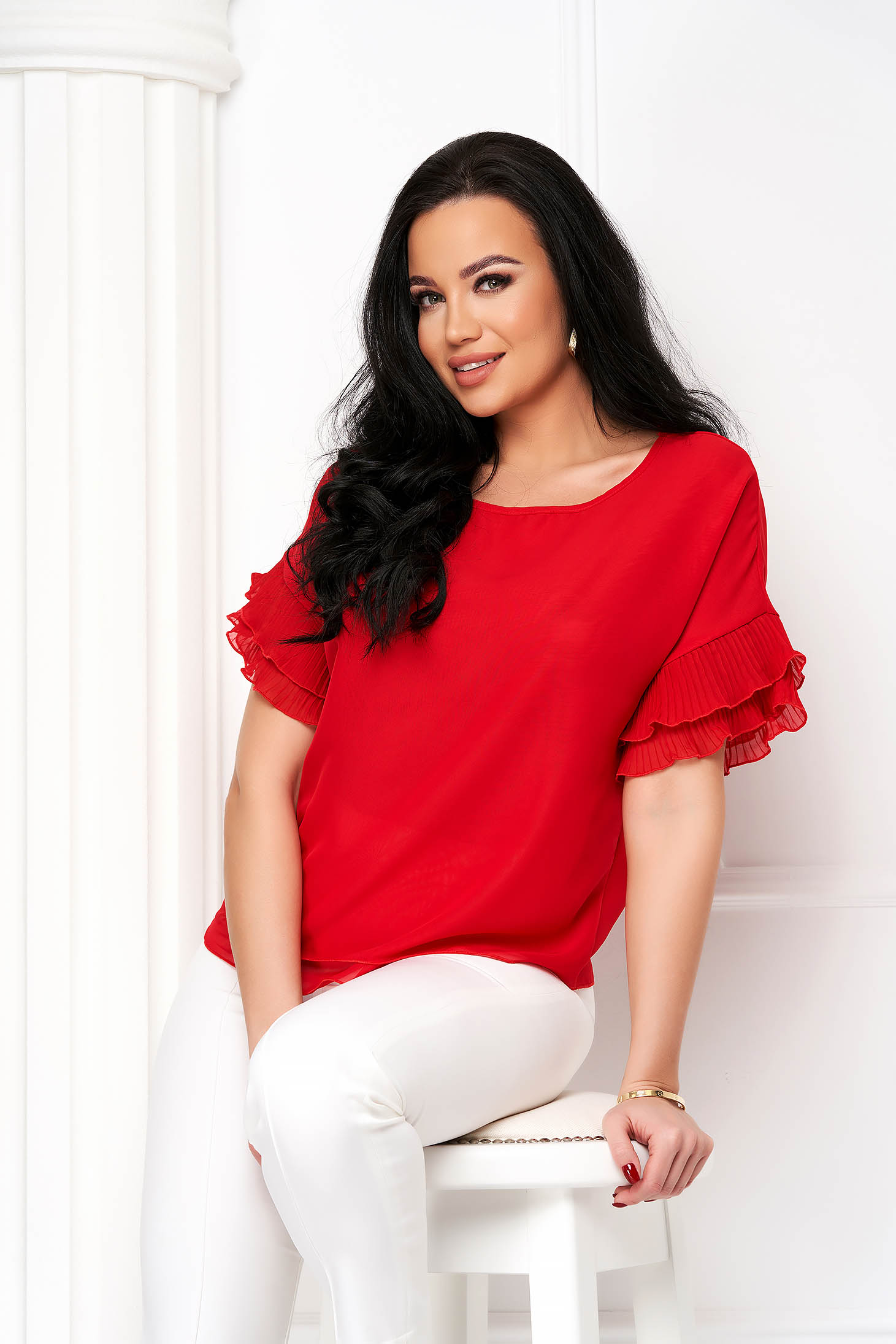 Red voile ladies blouse with wide cut and ruffles on the sleeve - StarShinerS 2 - StarShinerS.com