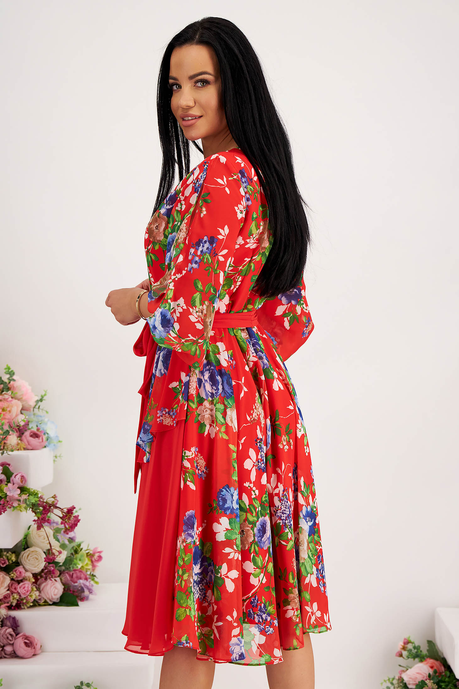 Midi chiffon dress in a-line with cut-out sleeves and floral print 2 - StarShinerS.com