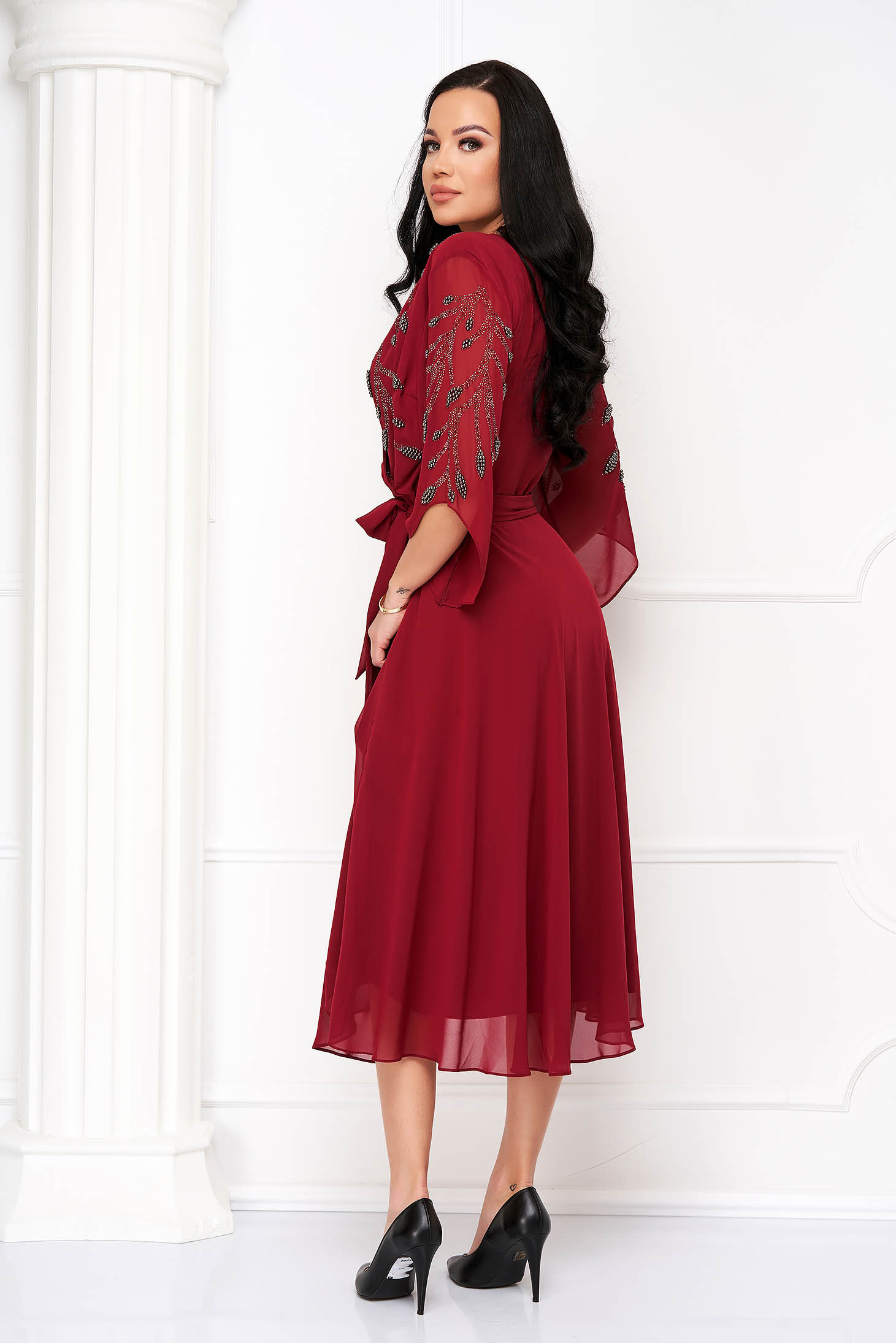Midi red-veil dress in A-line with pearl and rhinestone applications 4 - StarShinerS.com