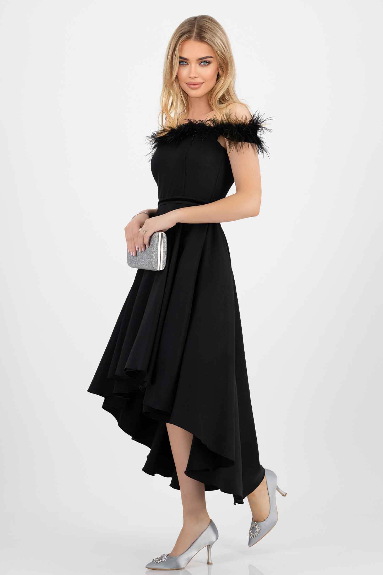 Asymmetric black slightly elastic fabric dress in cloche with bare shoulders and feathers - StarShinerS 3 - StarShinerS.com