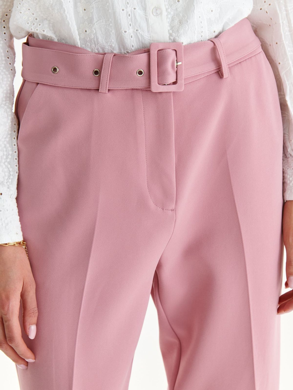 Lightpink trousers slightly elastic fabric straight accessorized with belt 5 - StarShinerS.com