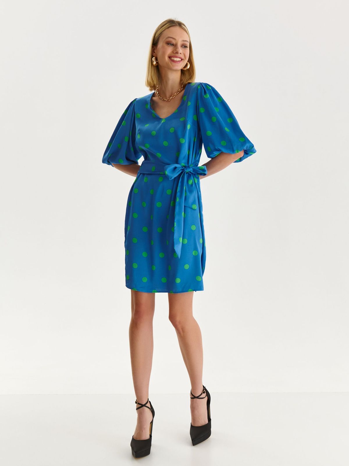 Blue dress thin fabric with elastic waist with puffed sleeves 2 - StarShinerS.com