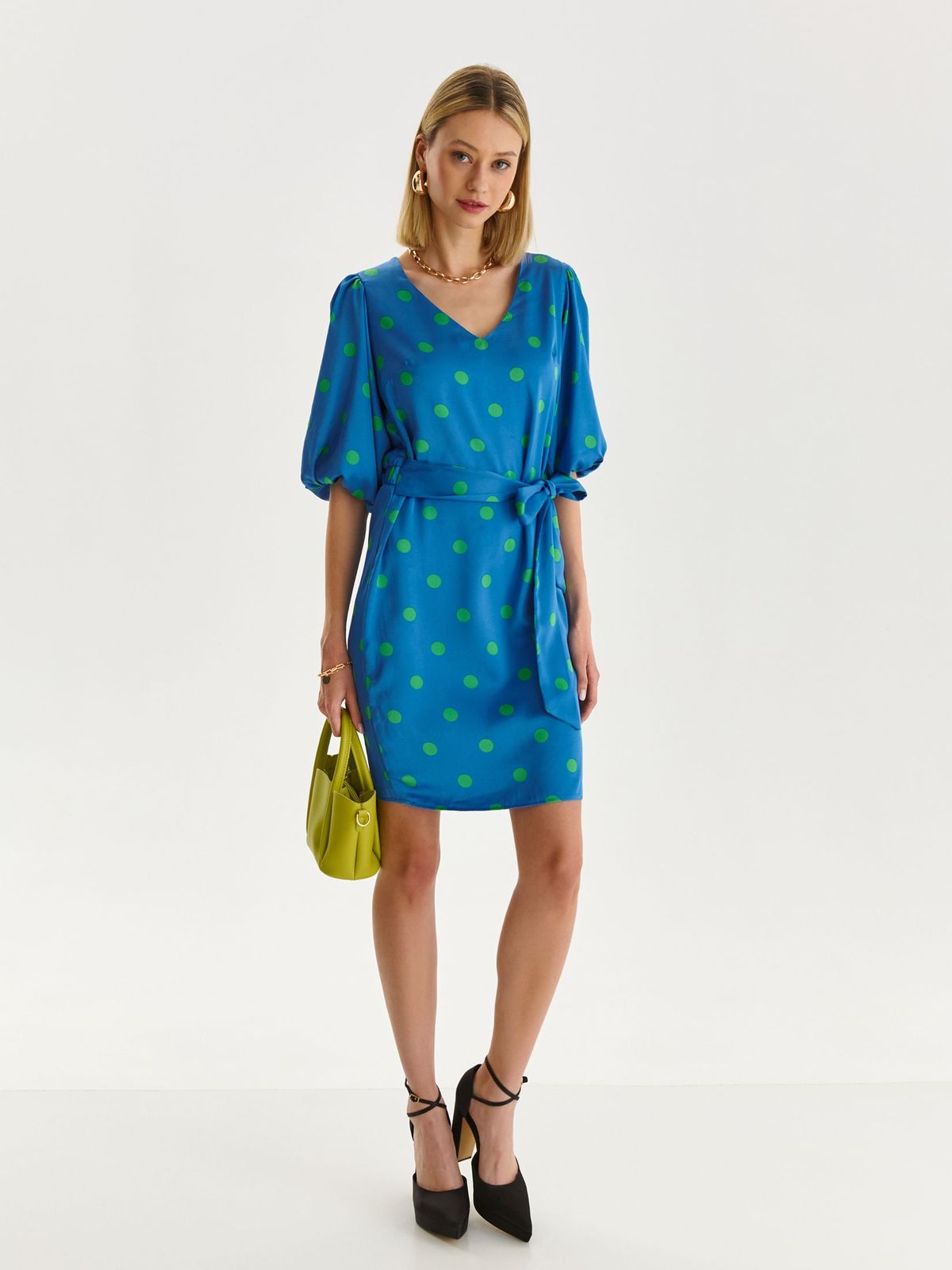 Blue dress thin fabric with elastic waist with puffed sleeves 4 - StarShinerS.com