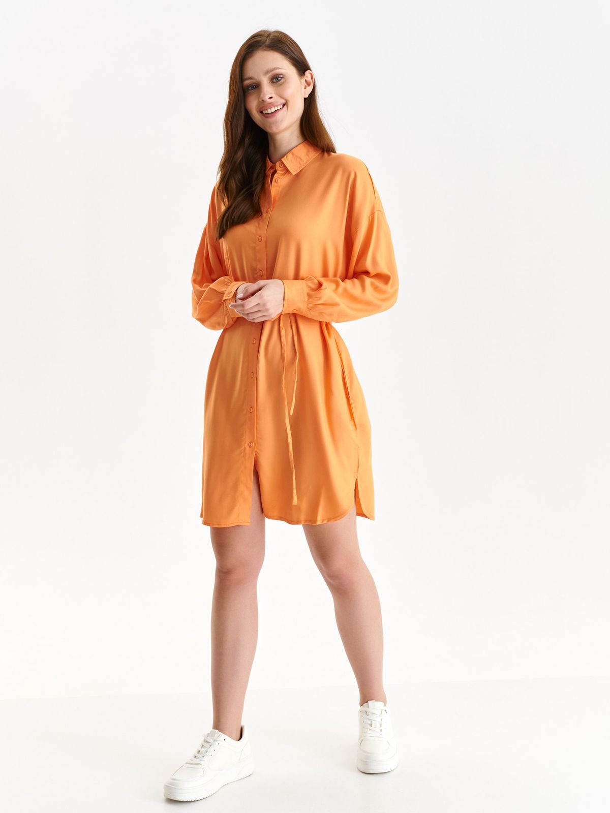 Orange dress thin fabric shirt dress loose fit with puffed sleeves 2 - StarShinerS.com