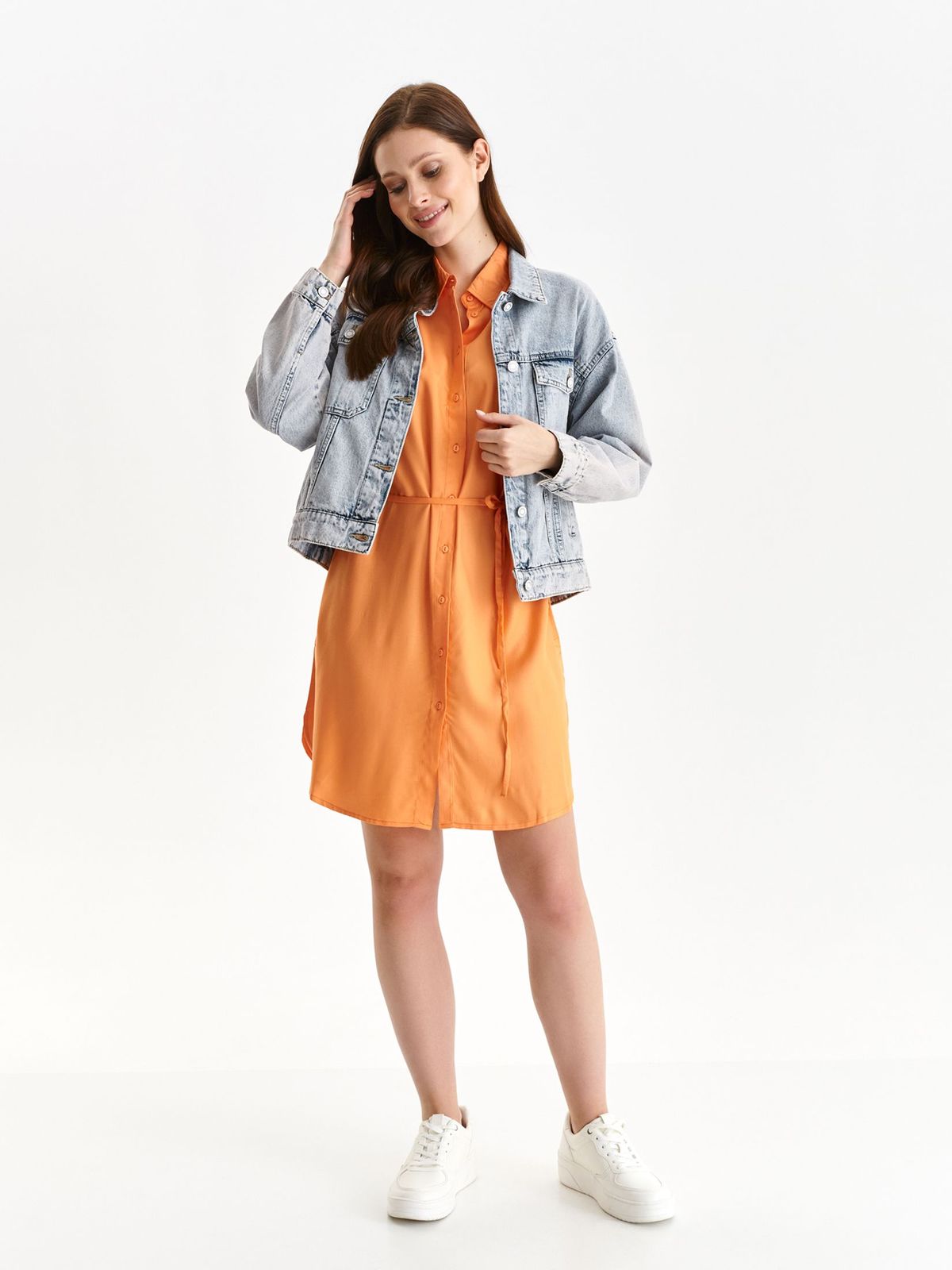 Orange dress thin fabric shirt dress loose fit with puffed sleeves 4 - StarShinerS.com