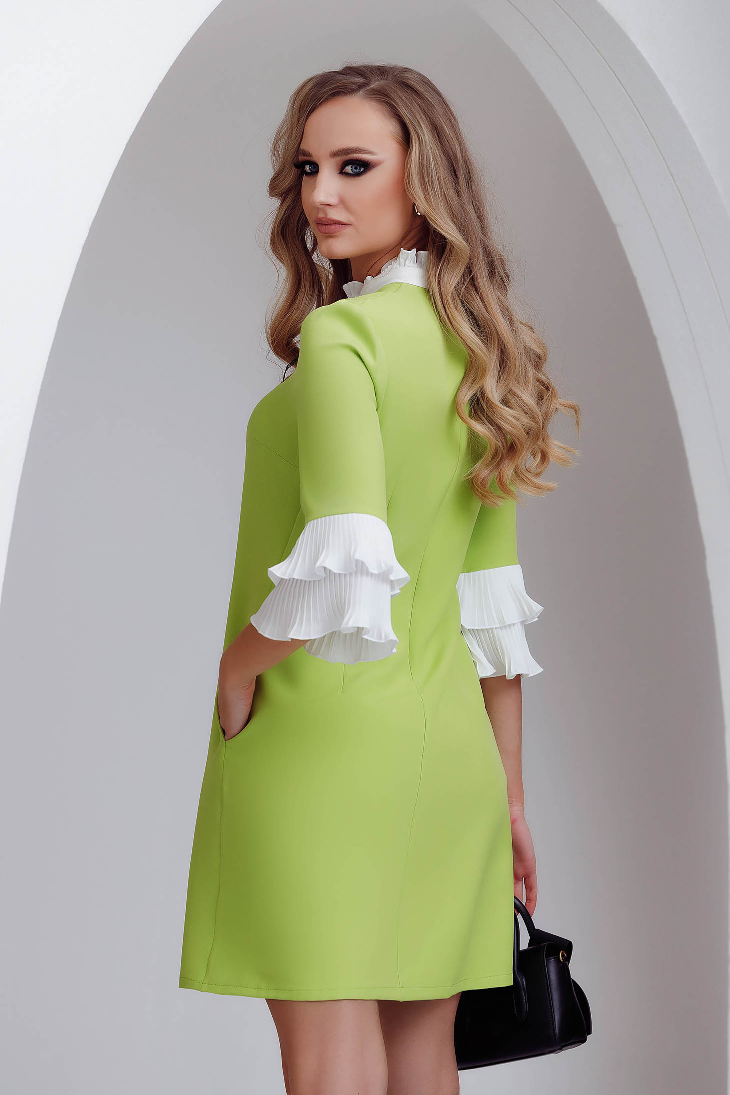 Lightgreen dress elastic cloth slightly elastic fabric with pockets a-line 2 - StarShinerS.com