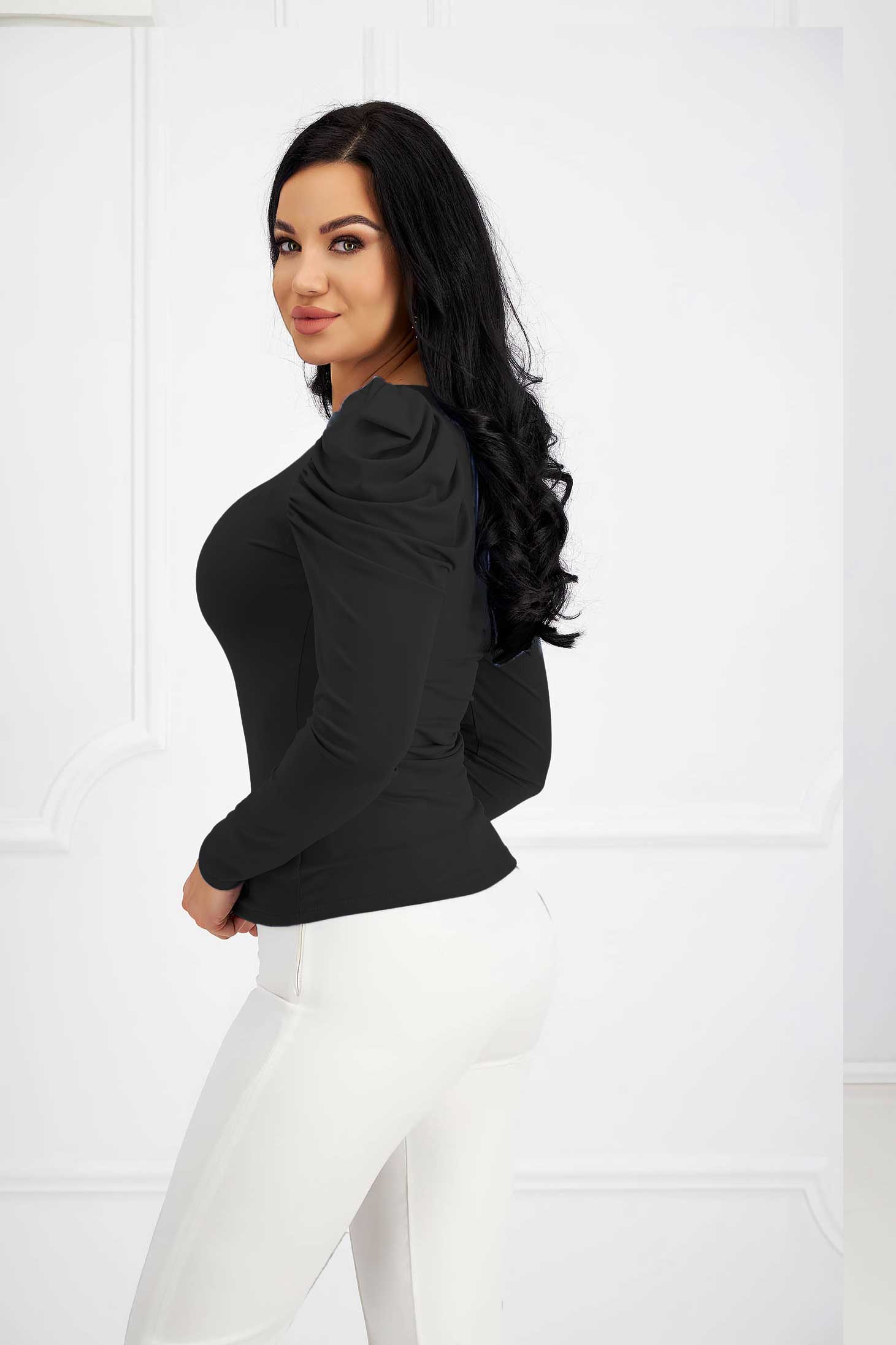 Black Lycra Women's Blouse with Puffed Shoulders - StarShinerS 2 - StarShinerS.com