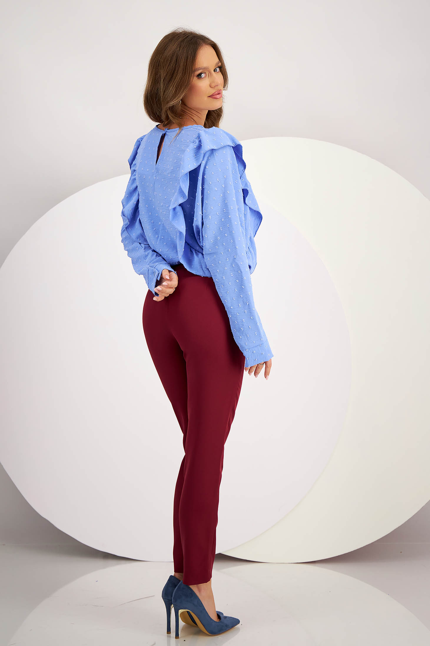 Ladies' georgette blouse with light blue plumeti applications, loose fit and ruffles - SunShine 4 - StarShinerS.com