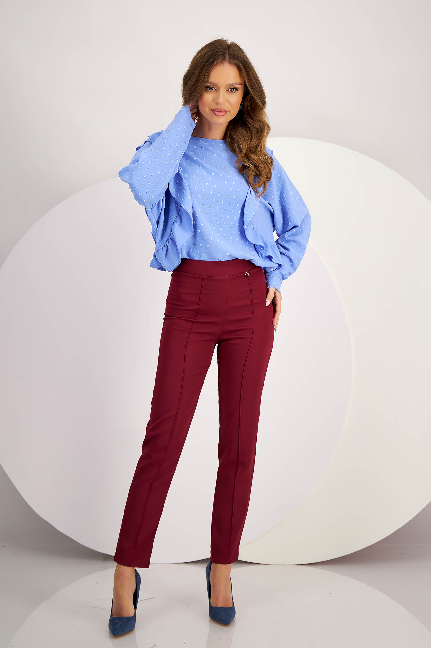 Ladies' georgette blouse with light blue plumeti applications, loose fit and ruffles - SunShine 5 - StarShinerS.com