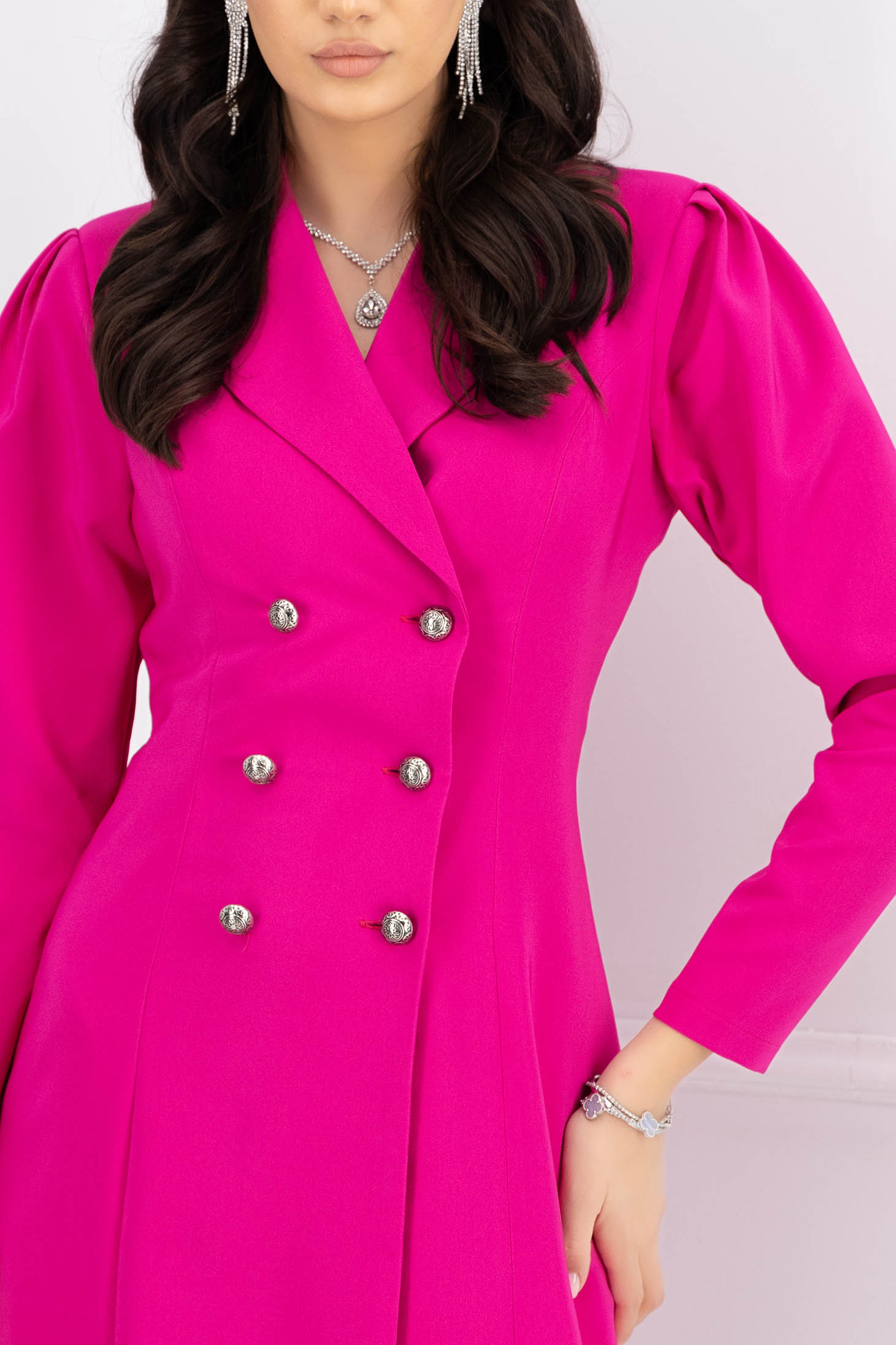 Fuchsia Jacket Dress made of slightly elastic fabric with decorative buttons and puffy shoulders - StarShinerS 4 - StarShinerS.com