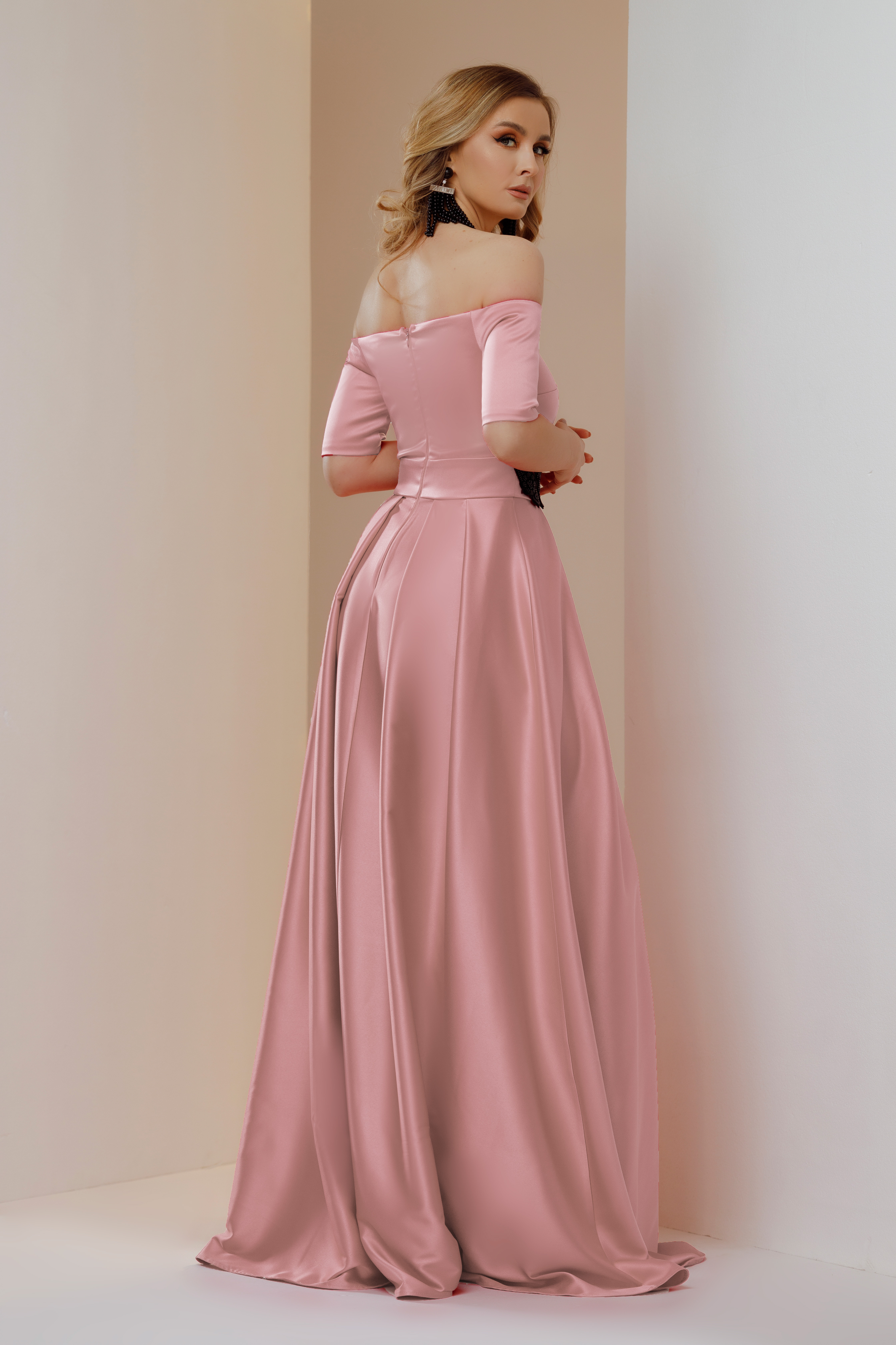 Powder Pink Satin Long Dress in A-line with Bare Shoulders and Embroidery at the Waist - Artista 2 - StarShinerS.com