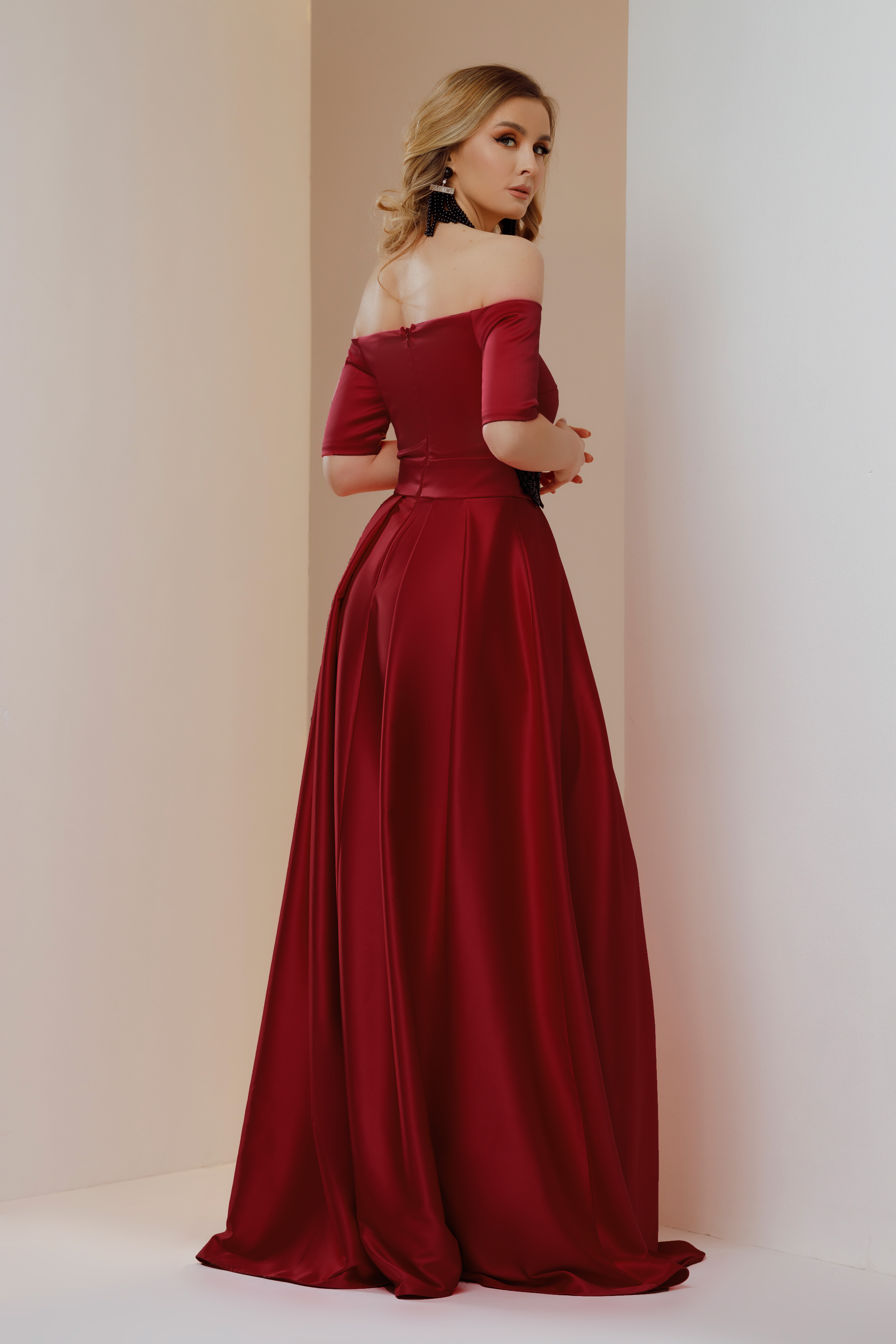 Burgundy dress from satin long with embroidery details naked shoulders cloche 2 - StarShinerS.com
