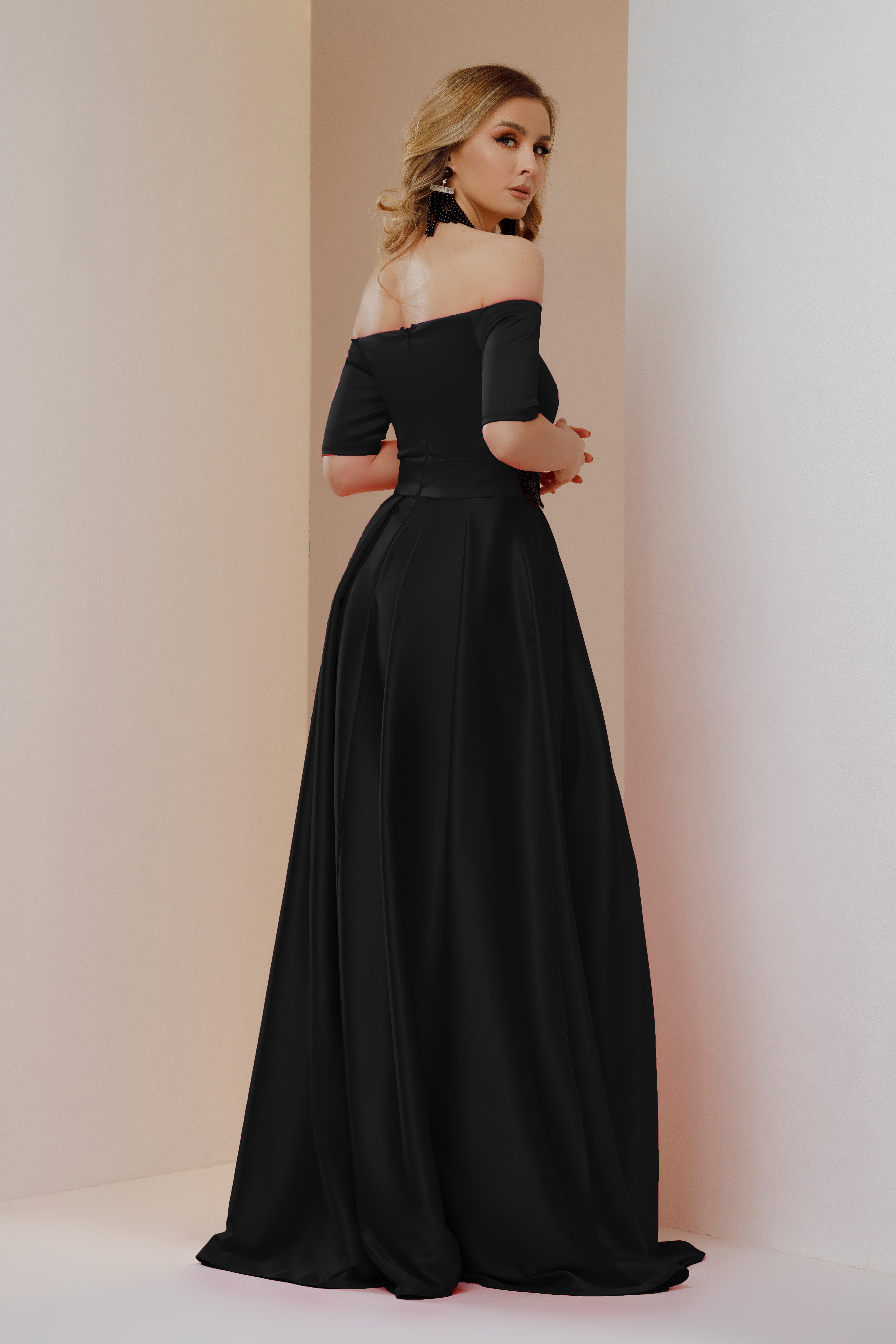 Long black satin dress in A-line with bare shoulders and embroidery at the waist - Artista 2 - StarShinerS.com
