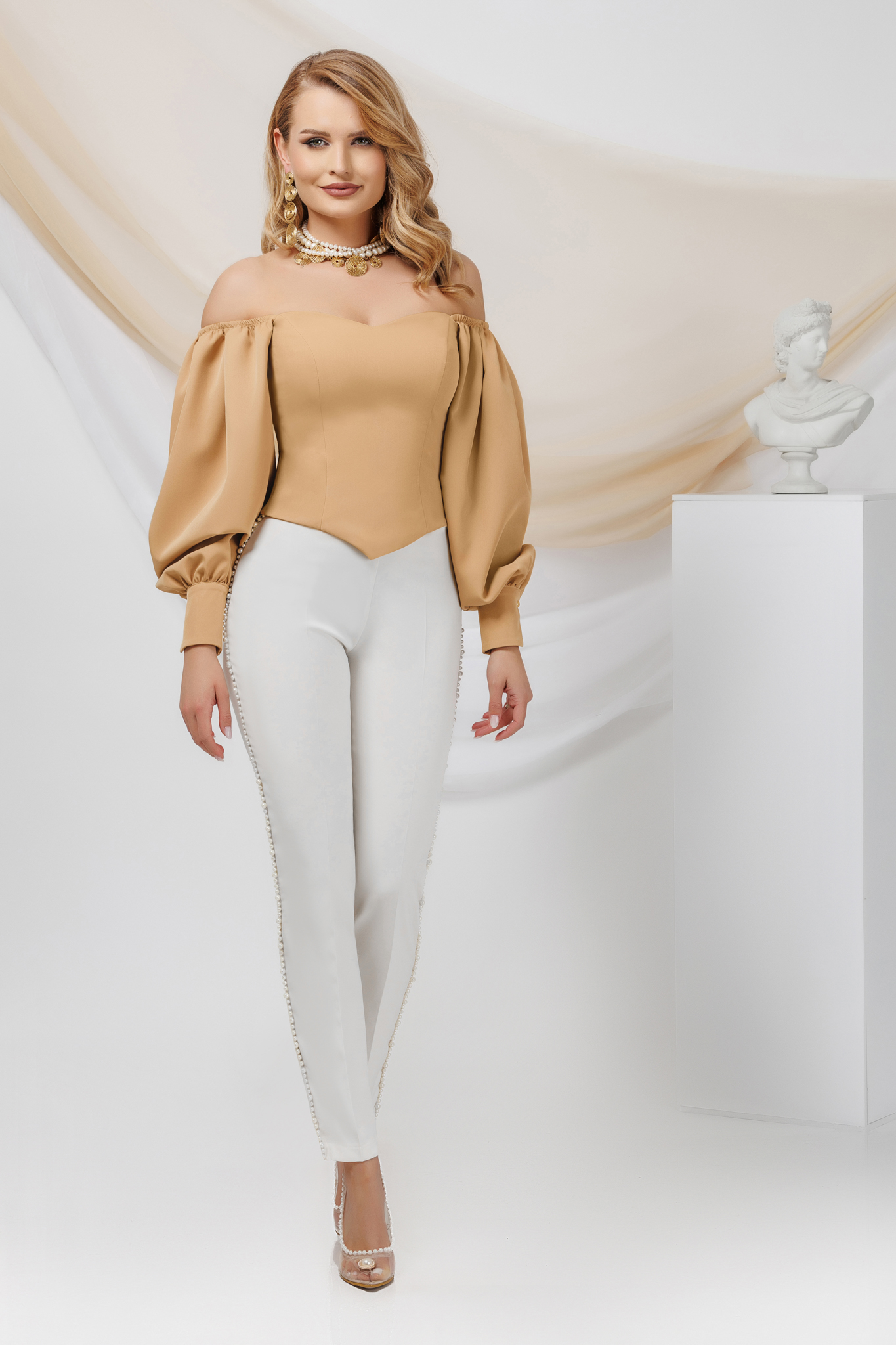 Beige satin ladies blouse with bare shoulders and puffy sleeves - PrettyGirl 6 - StarShinerS.com