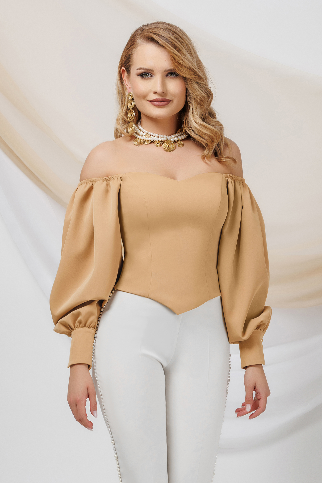Beige satin ladies blouse with bare shoulders and puffy sleeves - PrettyGirl 3 - StarShinerS.com
