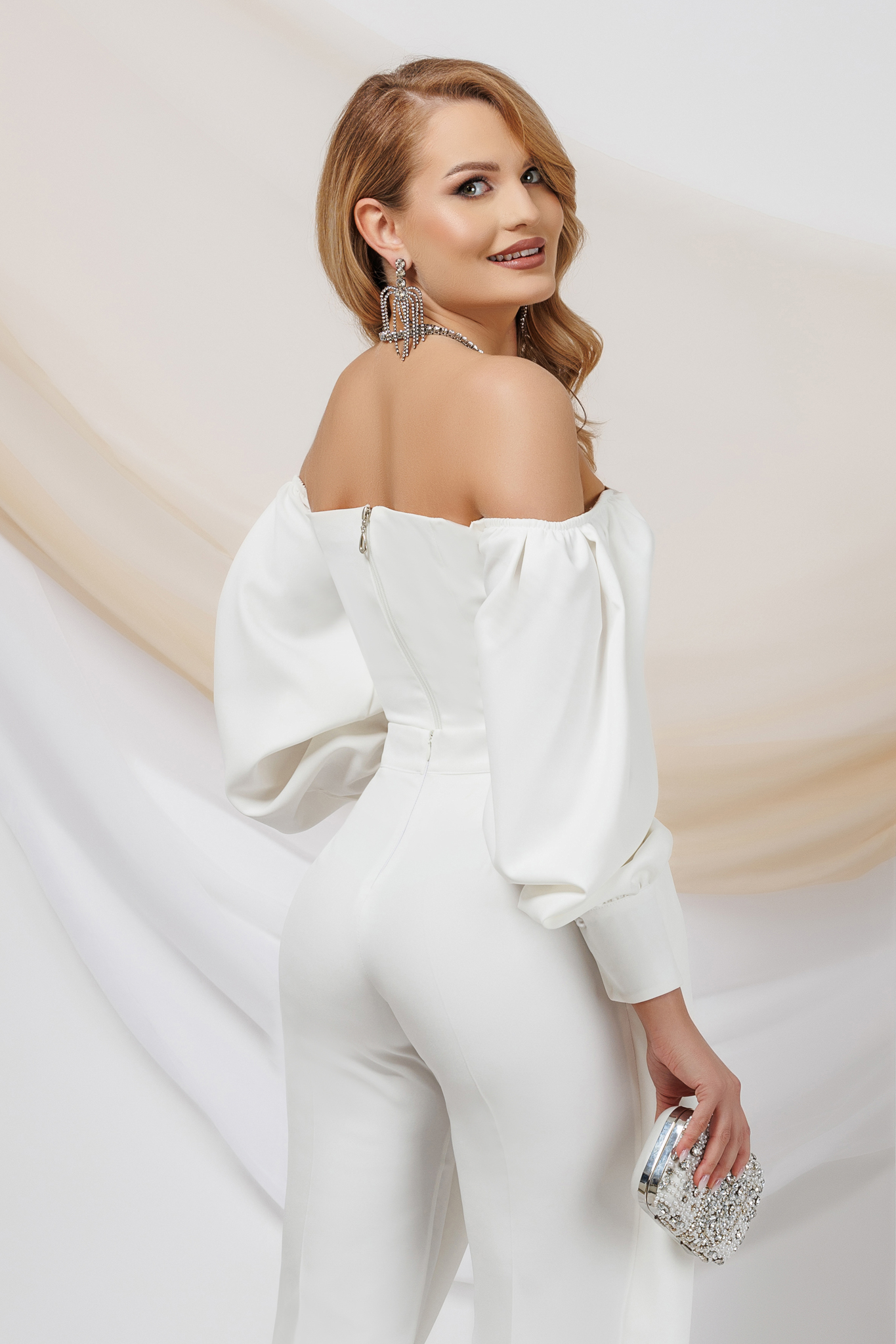 Ivory Satin Blouse for Women with Bare Shoulders and Puffy Sleeves - PrettyGirl 2 - StarShinerS.com