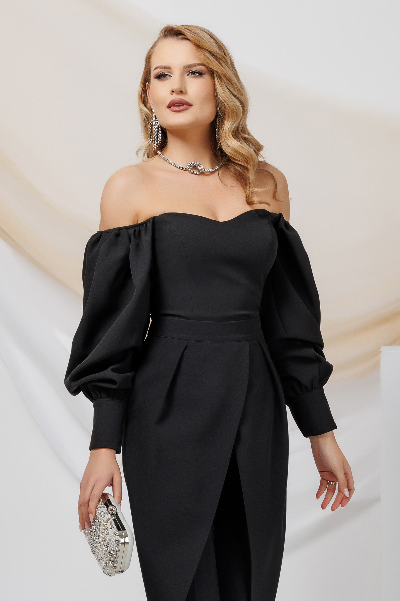 Black satin women's blouse with bare shoulders and puffy sleeves - PrettyGirl 3 - StarShinerS.com