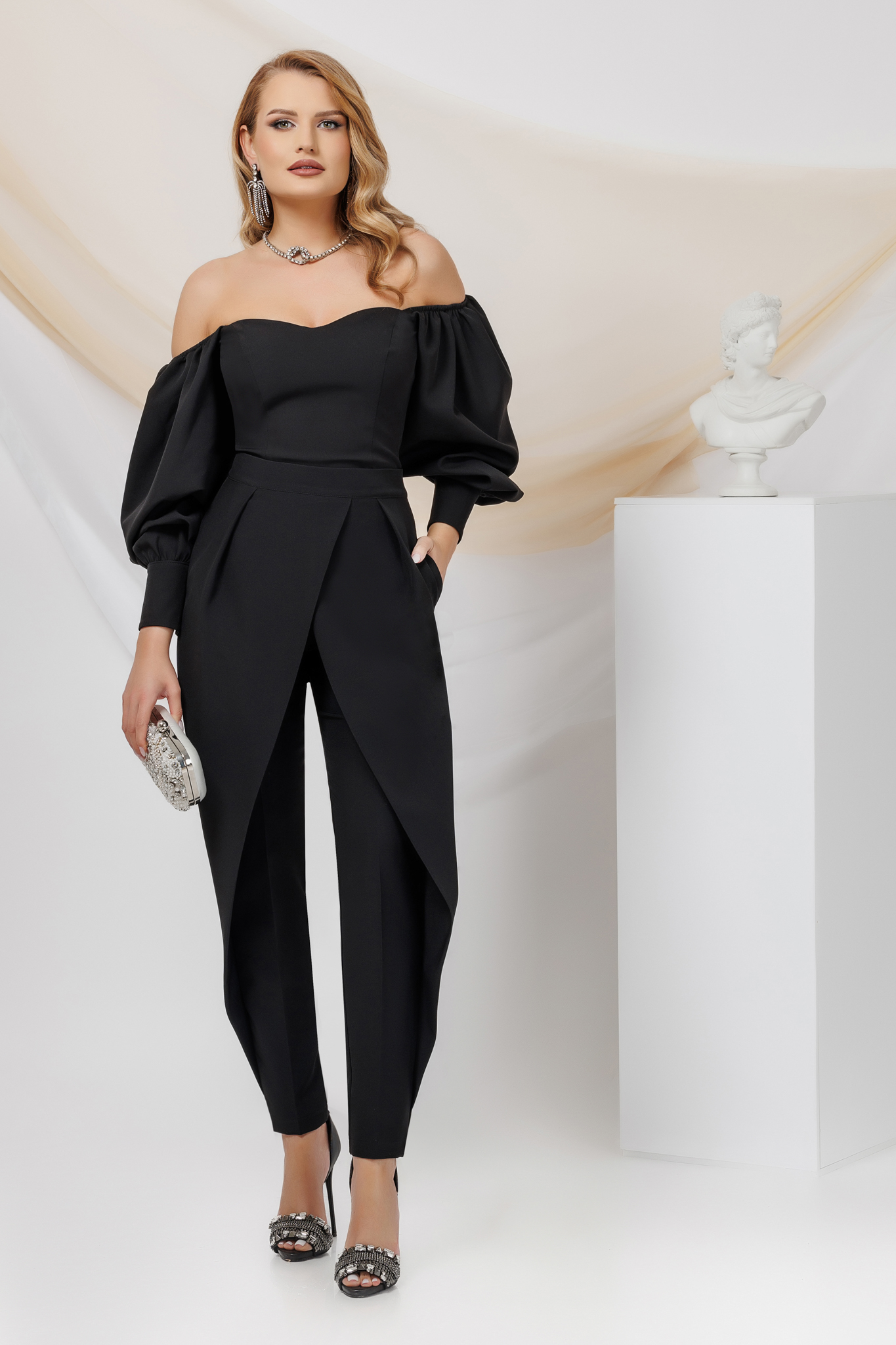 Black satin women's blouse with bare shoulders and puffy sleeves - PrettyGirl 5 - StarShinerS.com