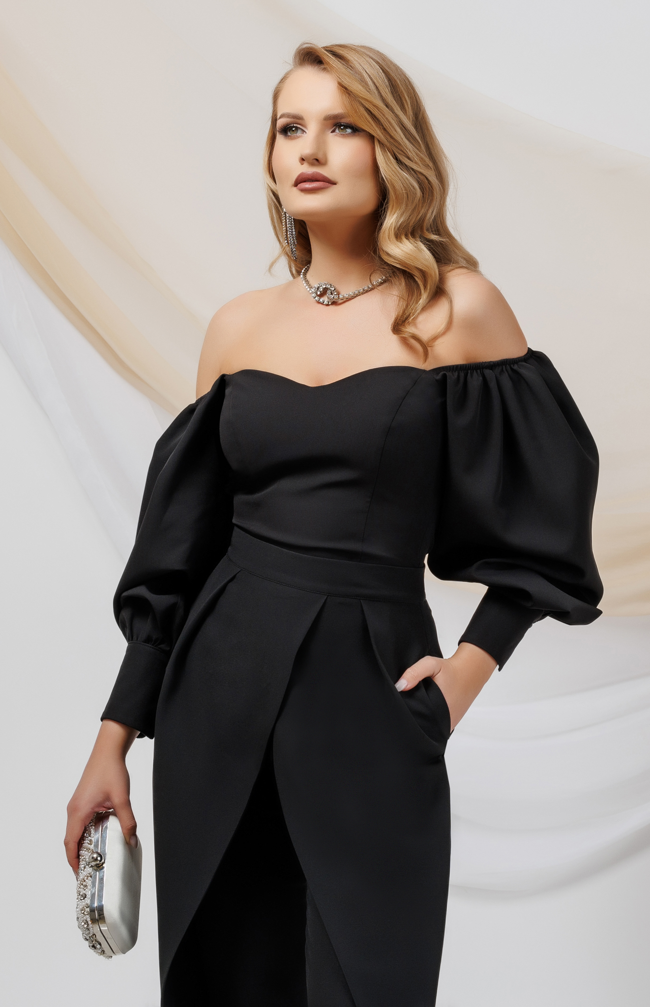 Black satin women's blouse with bare shoulders and puffy sleeves - PrettyGirl 4 - StarShinerS.com