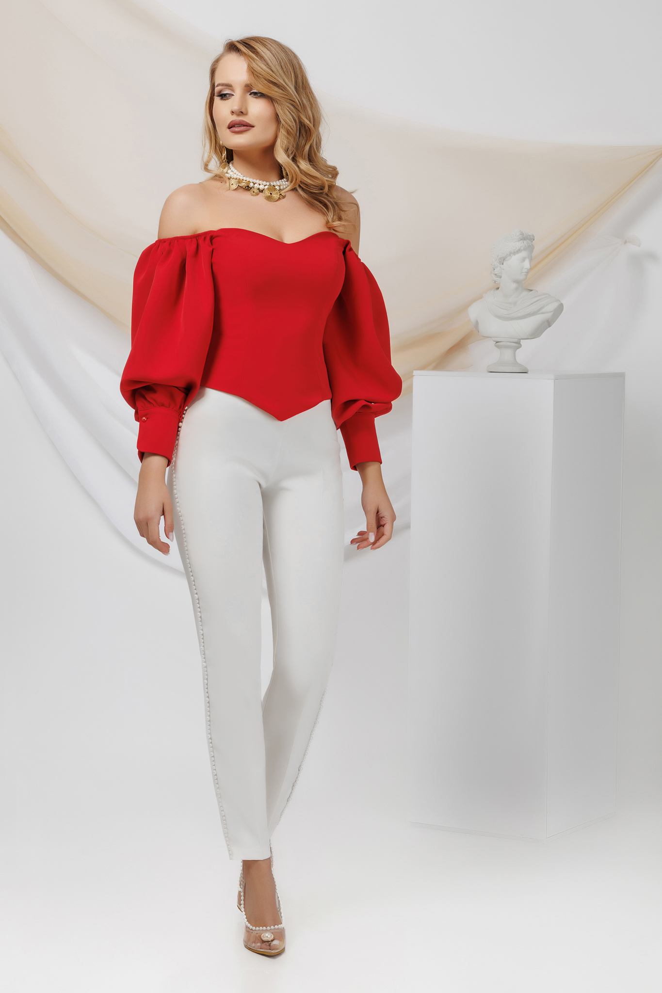 Red satin blouse for women with bare shoulders and puffy sleeves - PrettyGirl 4 - StarShinerS.com