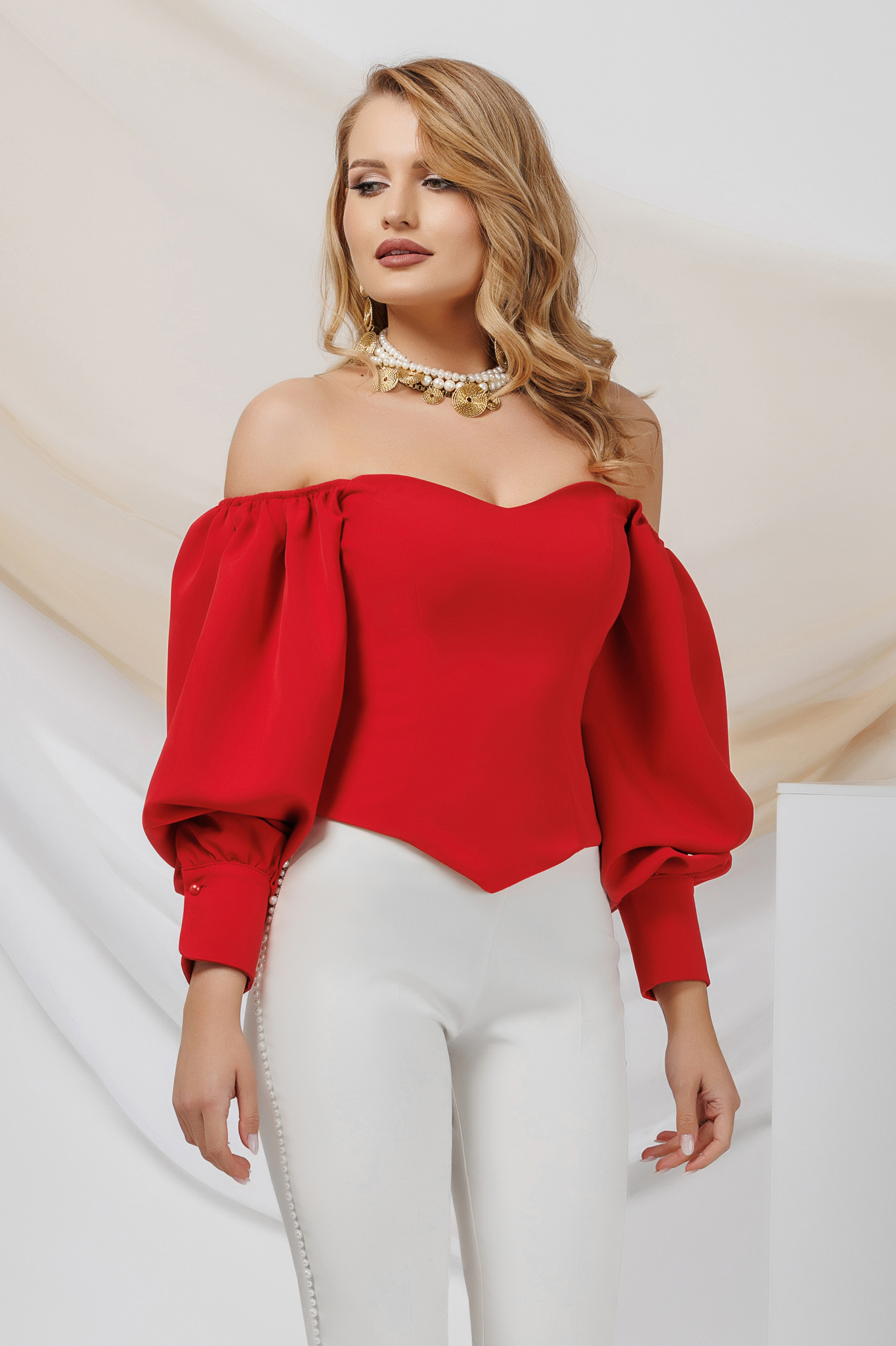 Red satin blouse for women with bare shoulders and puffy sleeves - PrettyGirl 3 - StarShinerS.com