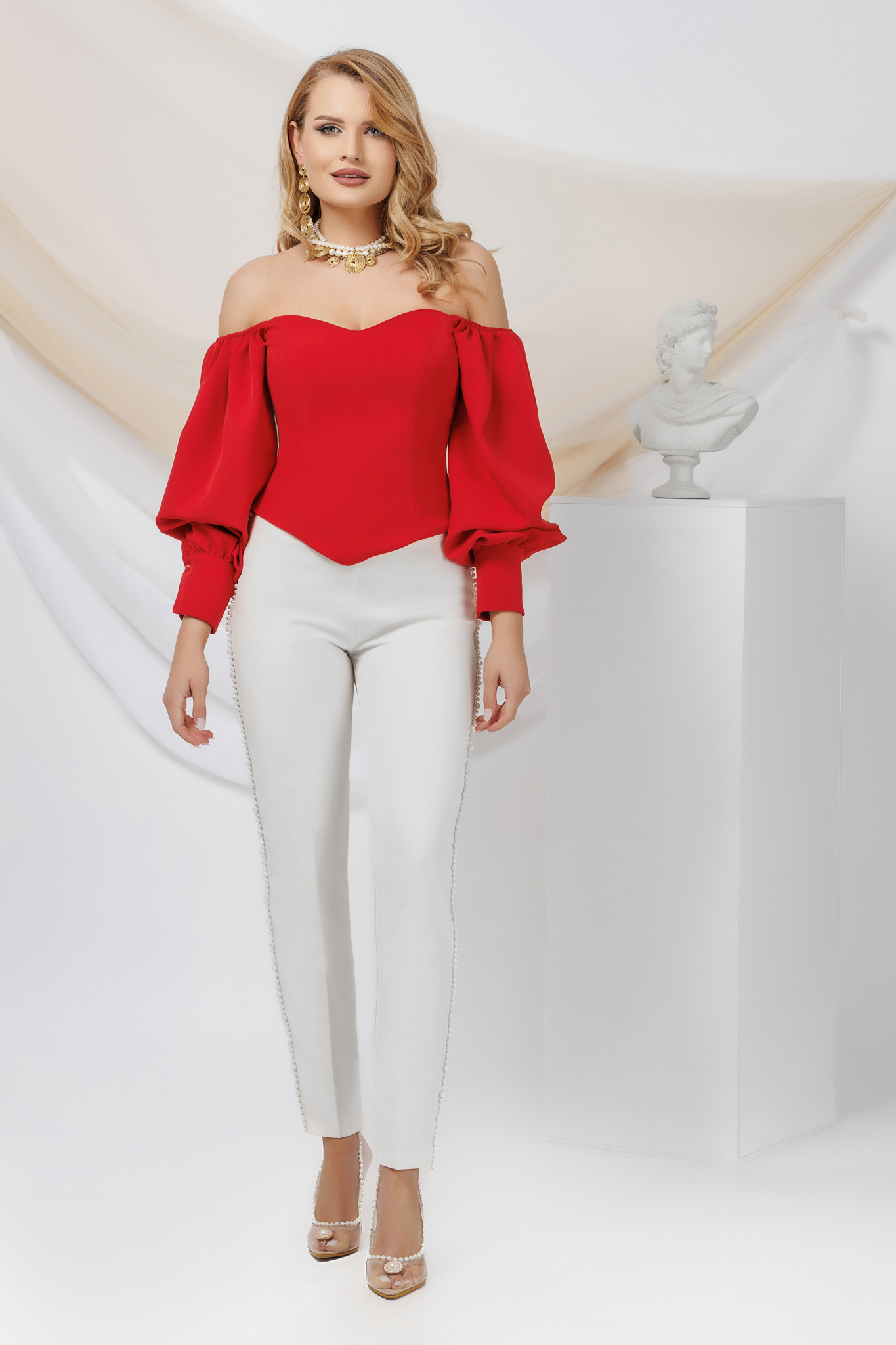 Red satin blouse for women with bare shoulders and puffy sleeves - PrettyGirl 5 - StarShinerS.com