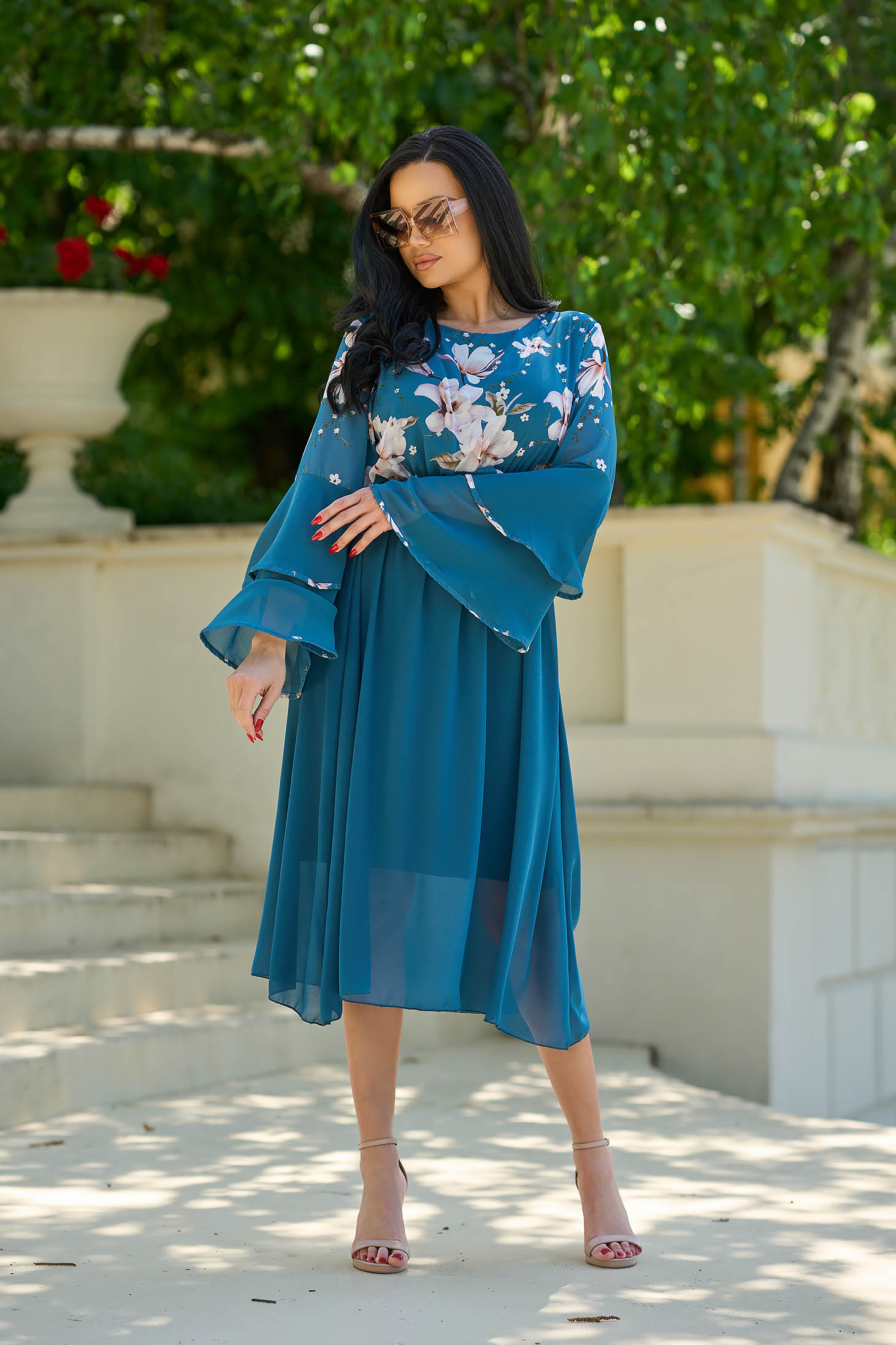 Petrol blue dress from veil fabric cloche with elastic waist with ruffled sleeves 3 - StarShinerS.com