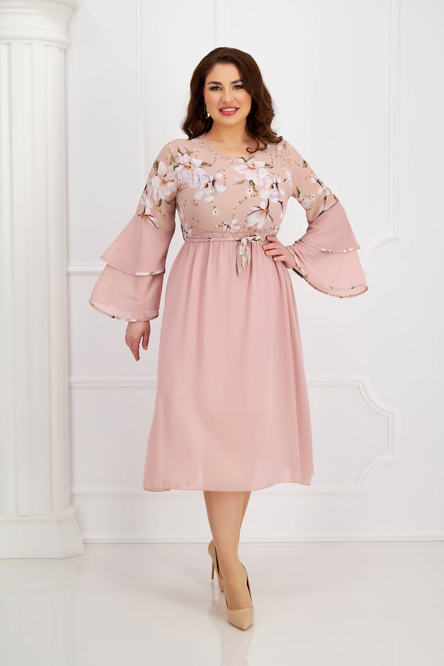 Powder pink dress from veil fabric cloche with elastic waist with ruffled sleeves
