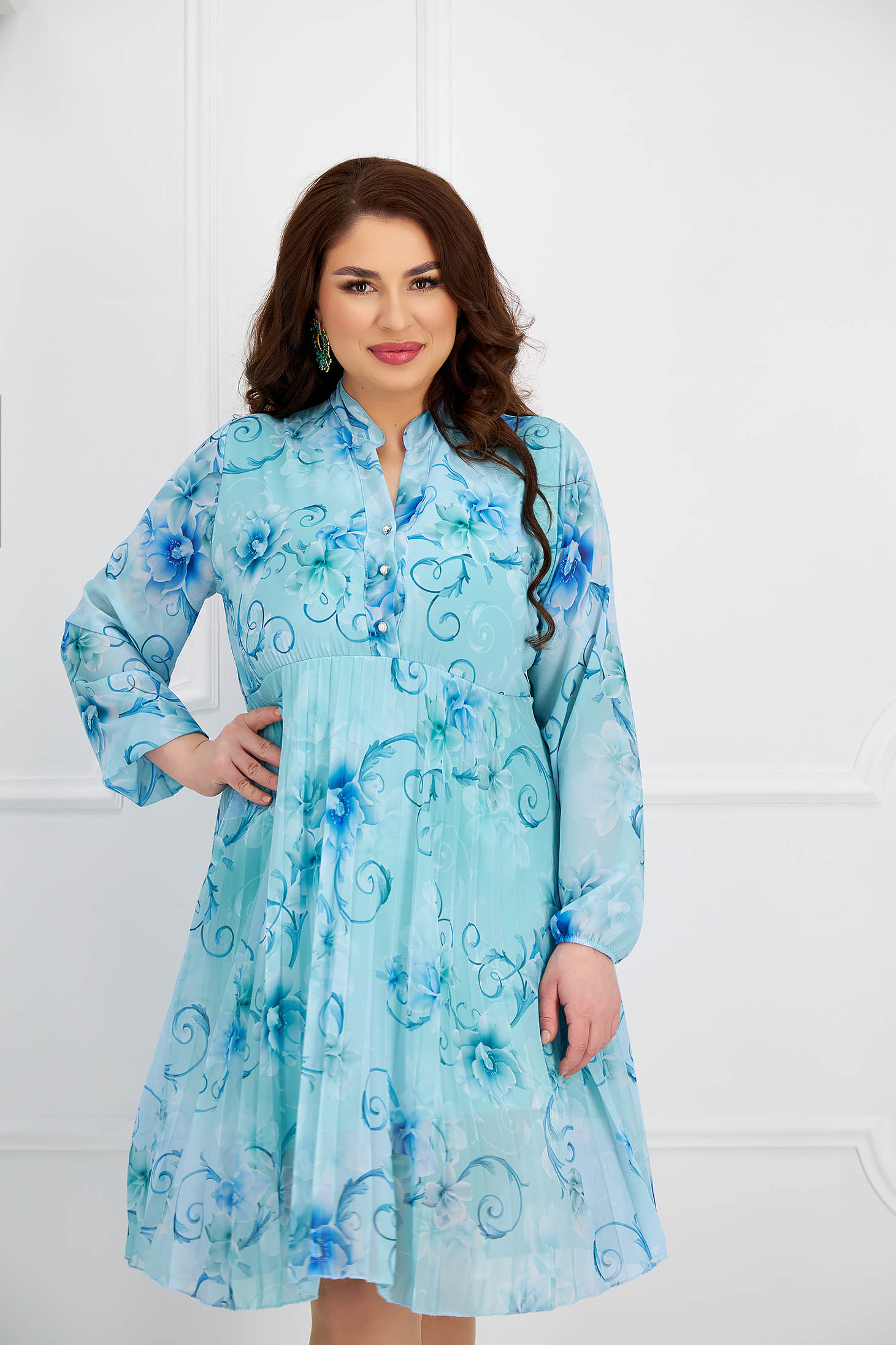 Rochie plisata din voal in clos cu elastic in talie si maneci bufante - SunShine